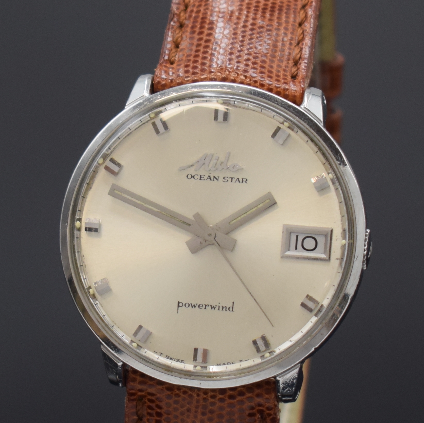 Detail a: MIDO Ocean Star Powerwind Herrenarmbanduhr in Stahl Referenz 5047, Schweiz um 1965, Automatik, Monocoque-Geh., silb. Zifferbl. m. aufges. Std.-Ind., ...