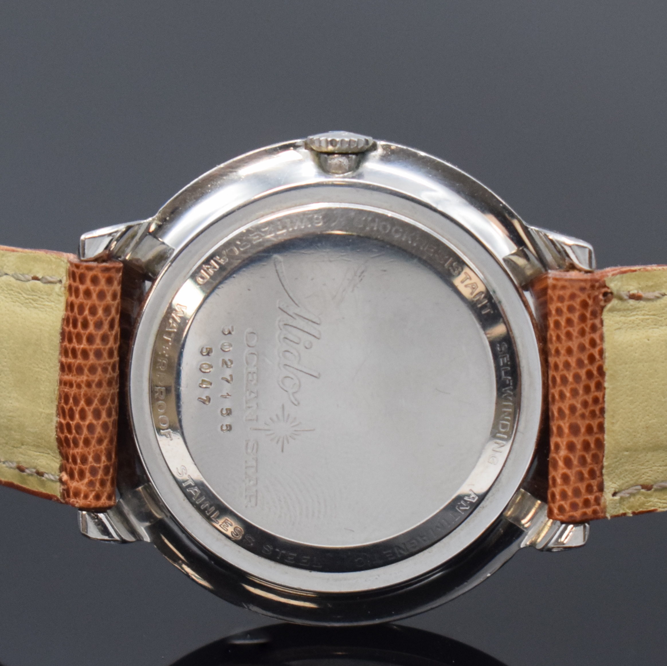 Detail c: MIDO Ocean Star Powerwind Herrenarmbanduhr in Stahl Referenz 5047, Schweiz um 1965, Automatik, Monocoque-Geh., silb. Zifferbl. m. aufges. Std.-Ind., ...