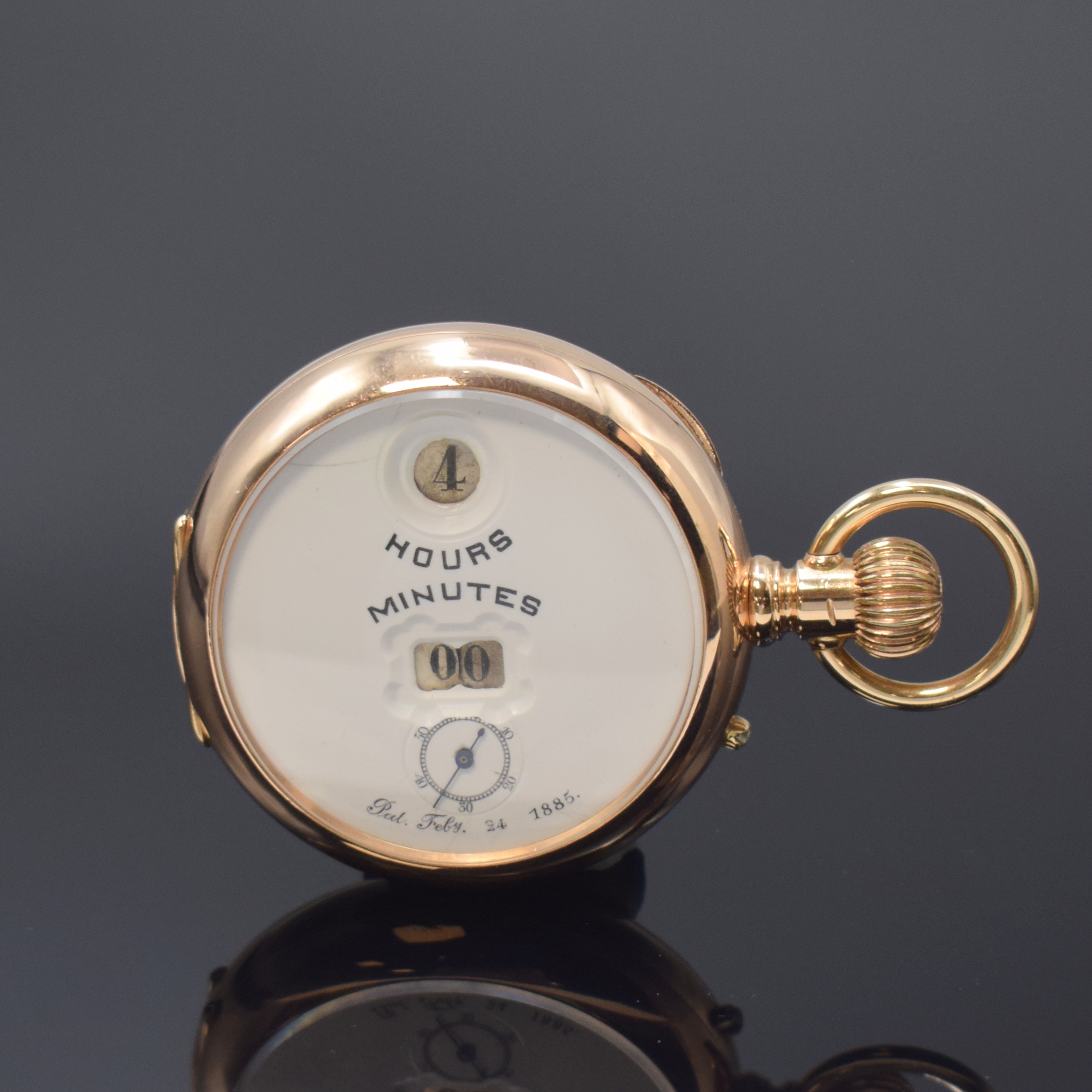 IWC Pallweber seltene Cut-Hunter Taschenuhr mit digitaler Anzeige in RoseG 585/000, Schweiz/USA um 1890, Geh. l. dell., Goldcuvette, Rückdeckel m. ...