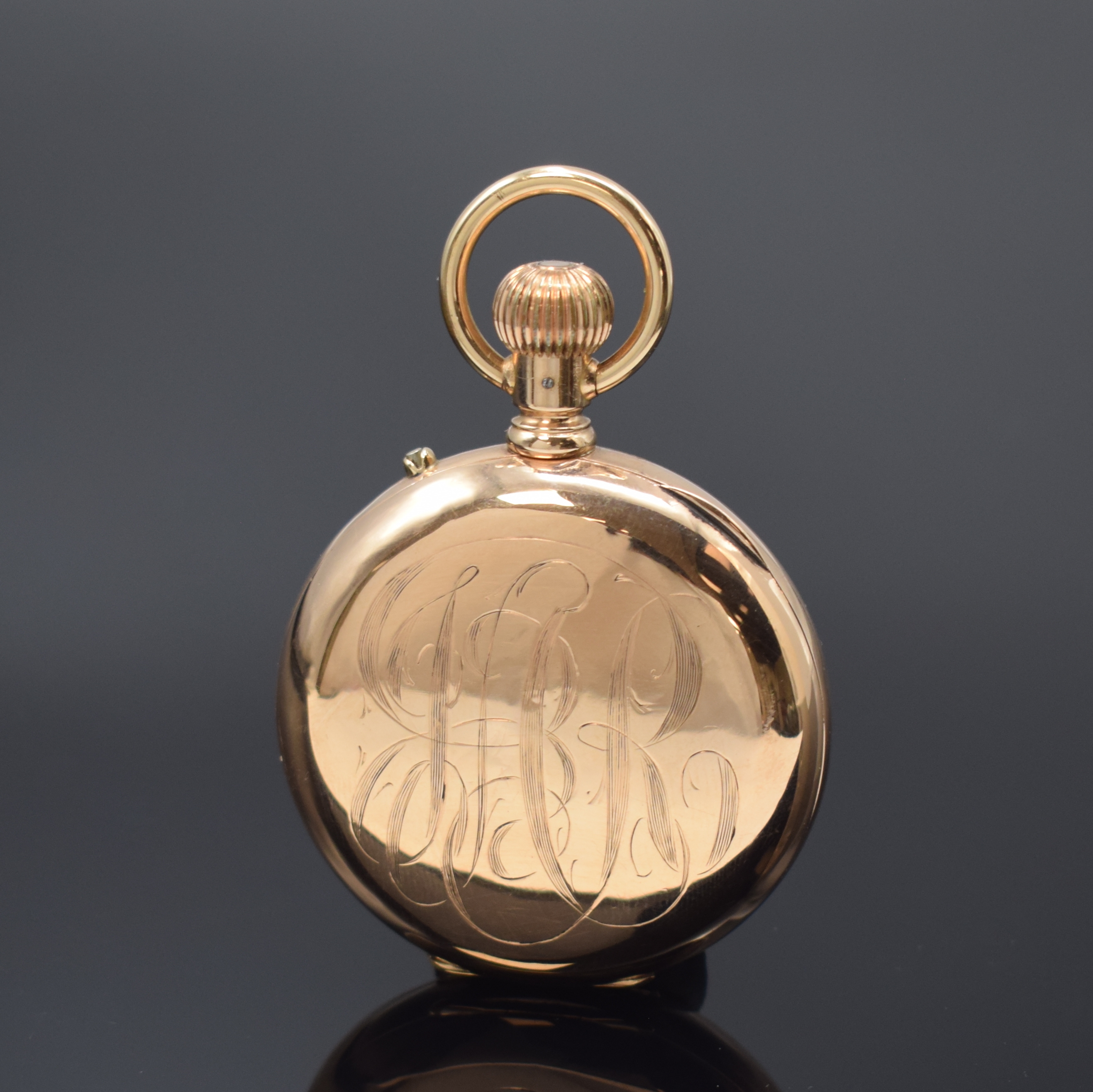 Detail a: IWC Pallweber seltene Cut-Hunter Taschenuhr mit digitaler Anzeige in RoseG 585/000, Schweiz/USA um 1890, Geh. l. dell., Goldcuvette, Rückdeckel m. ...
