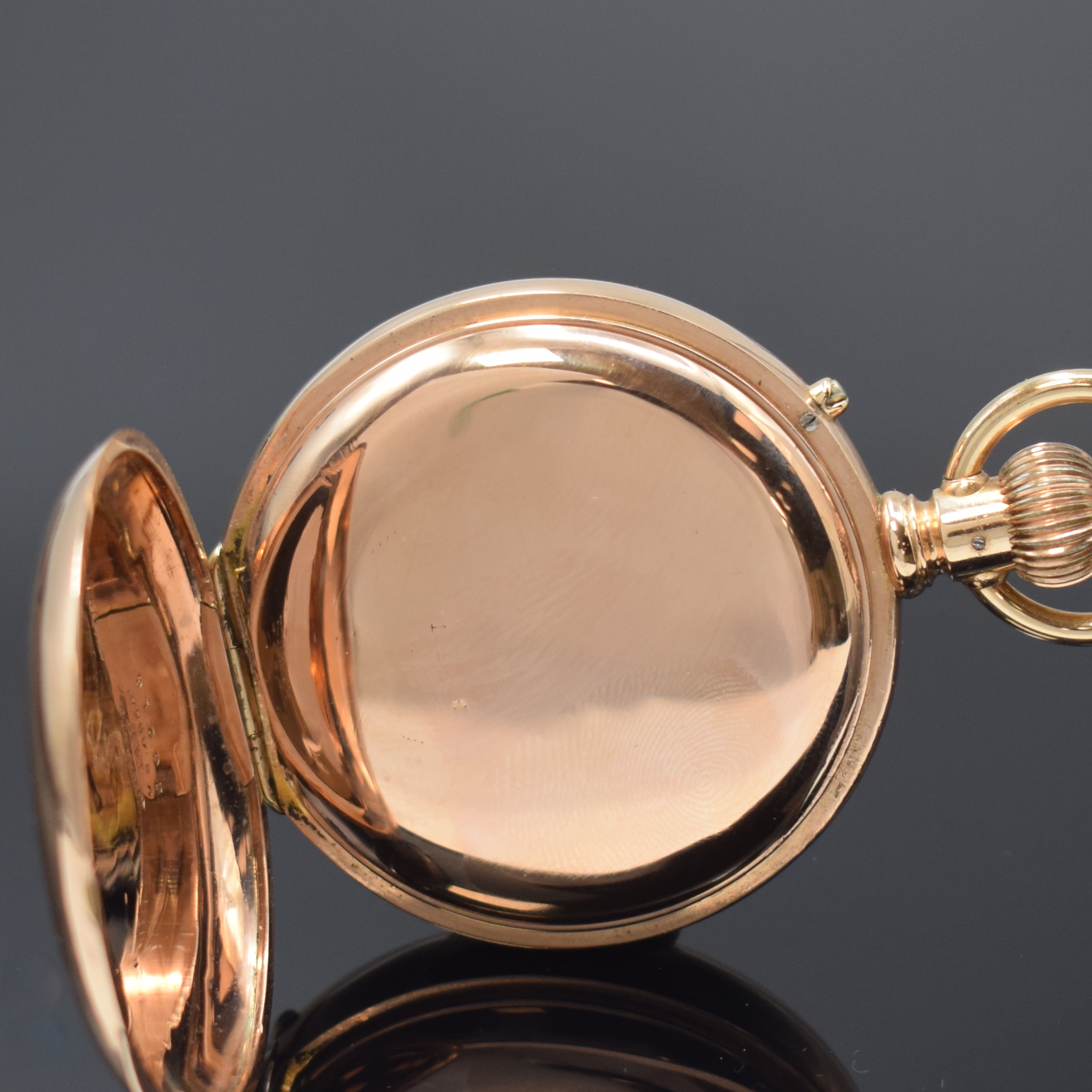 Detail c: IWC Pallweber seltene Cut-Hunter Taschenuhr mit digitaler Anzeige in RoseG 585/000, Schweiz/USA um 1890, Geh. l. dell., Goldcuvette, Rückdeckel m. ...