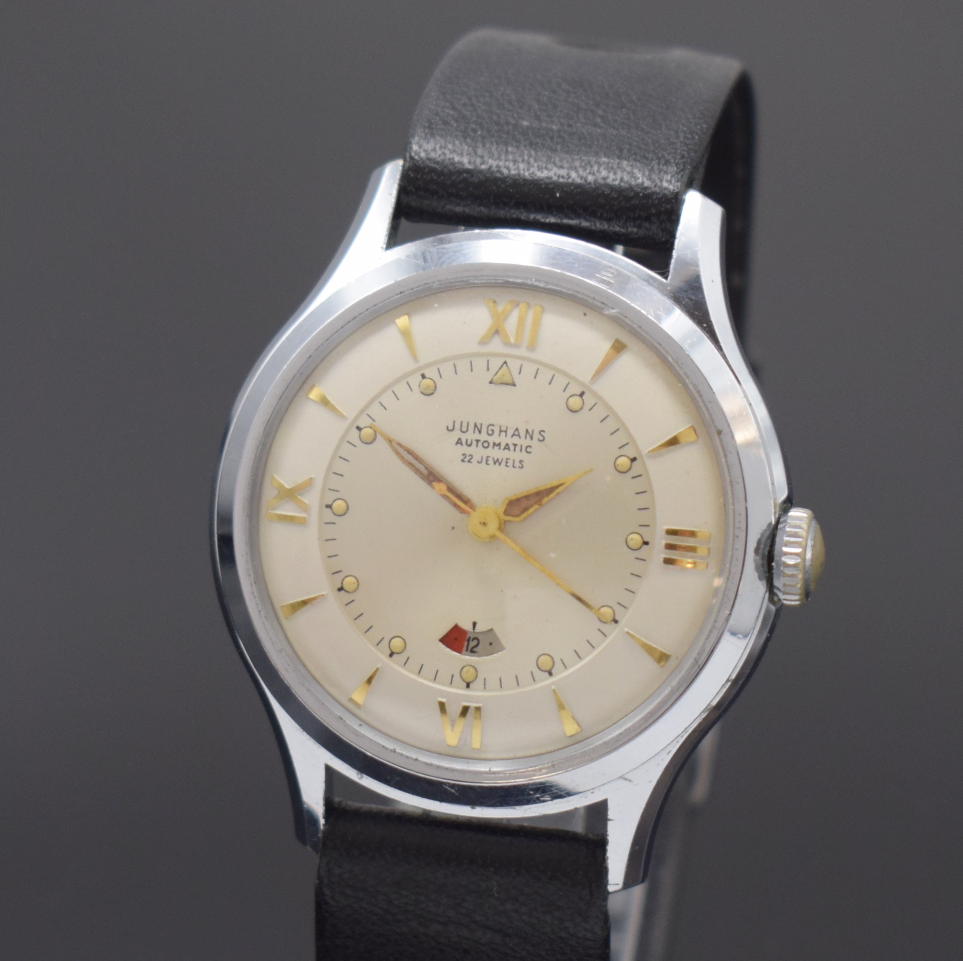 Detail a: JUNGHANS Herrenarmbanduhr mit Gangreserveanzeige Kaliber 80/12, Deutschland um 1950, Automatik, verchr. Geh., Boden verschr., silb. Zifferbl. m. ...