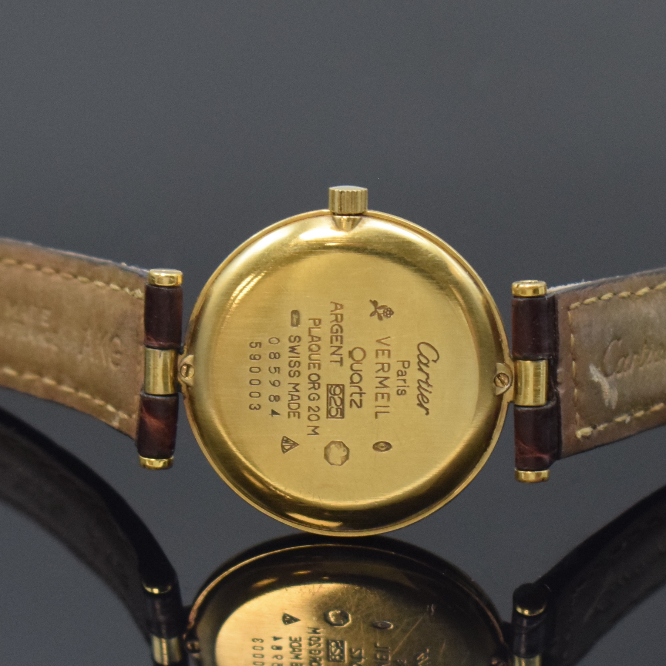 Detail c: CARTIER Damenarmbanduhr Vermeil Referenz 590003, Schweiz um 1995, quarz, verg. Silbergehäuse inkl. orig. Lederband m. verg. orig. Dornschl., gebl. ...