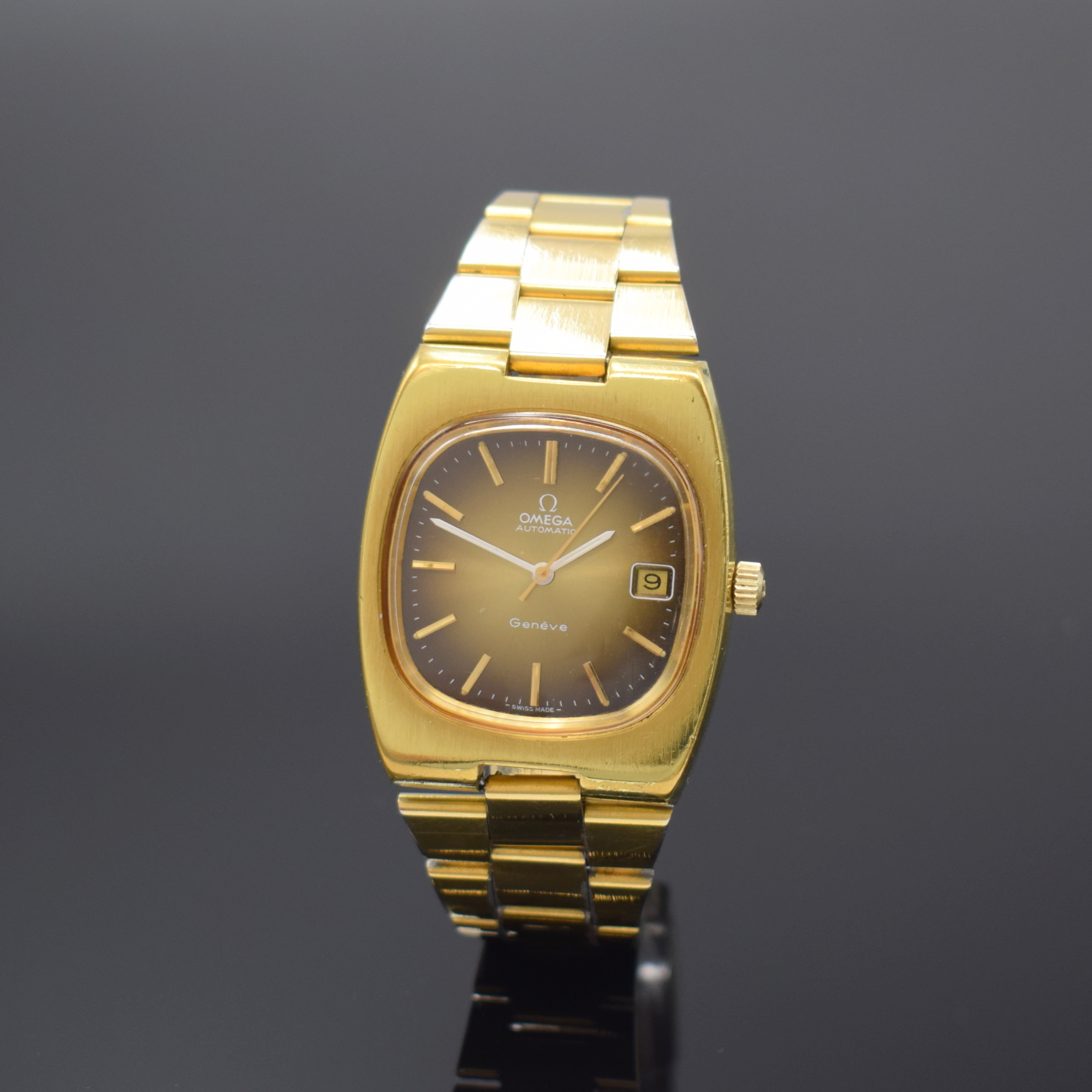 OMEGA Herrenarmbanduhr Geneve Referenz 166.0191/366.0835, Automatik, Schweiz um 1974, verg. Metallgeh. inkl. orig. Gliederband (verg. teil. fehlend), ...