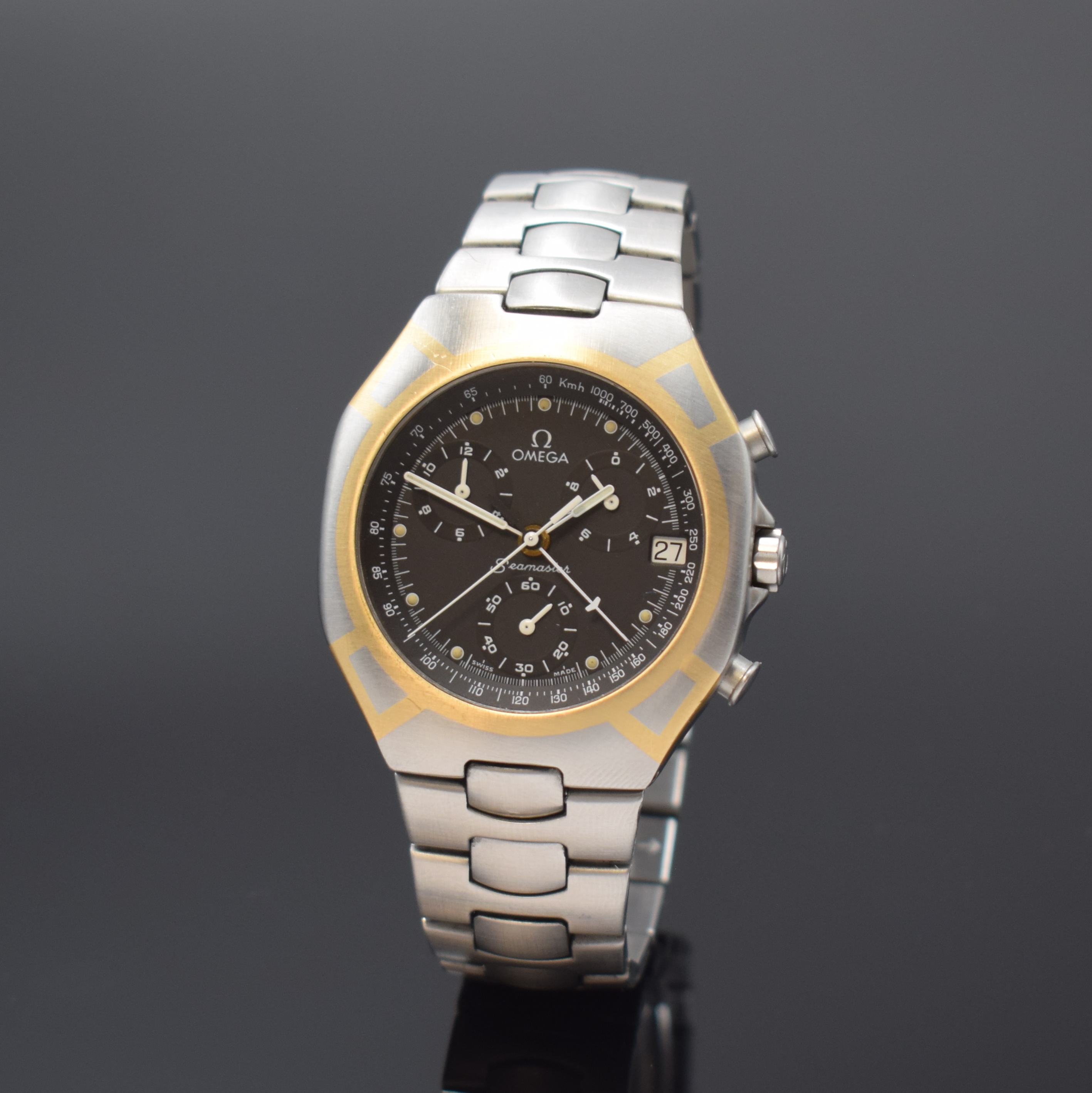 OMEGA Seamaster Polaris Armbandchronograph Referenz 386.1031, Schweiz um 1990, quarz, goldintarsiertes Edelstahlgeh. inkl. Edelstahlgliederband m. ...