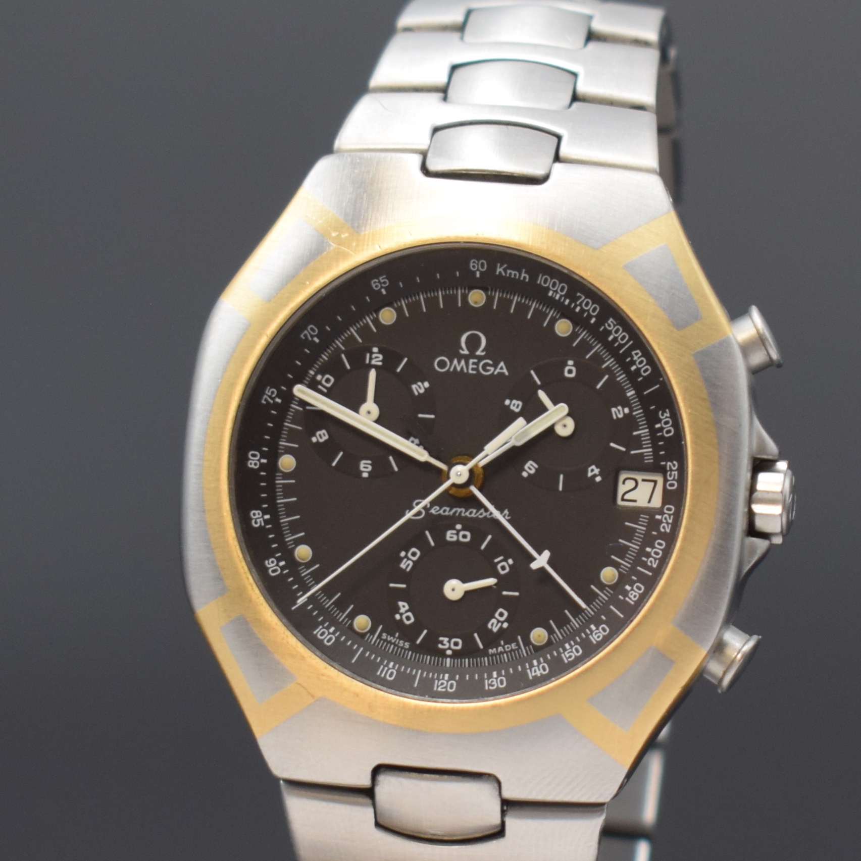 Detail a: OMEGA Seamaster Polaris Armbandchronograph Referenz 386.1031, Schweiz um 1990, quarz, goldintarsiertes Edelstahlgeh. inkl. Edelstahlgliederband m. ...
