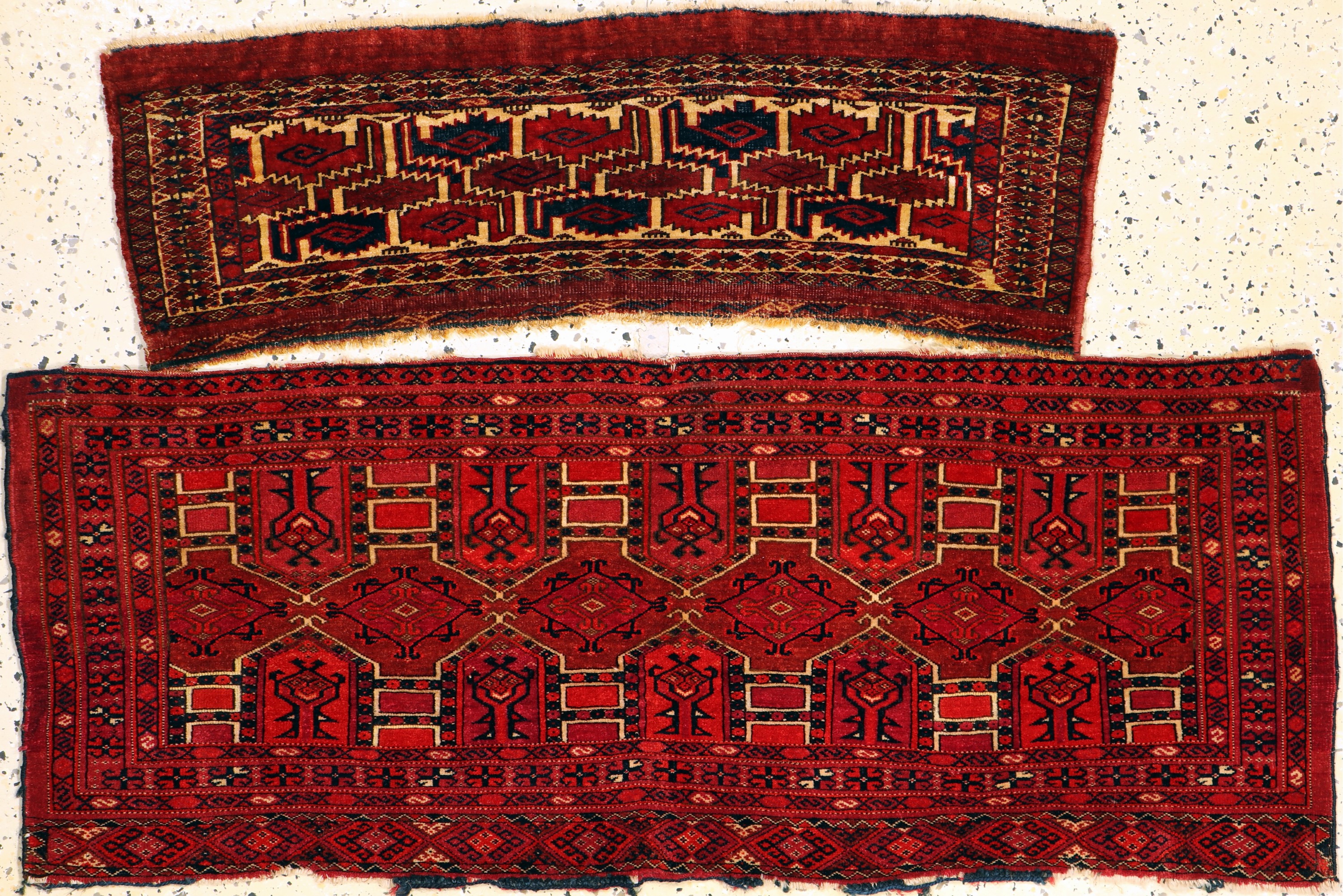 2 lots Torba, Turkmenistan, 19.Jhd., Wolle auf Wolle, ca. 127 x 50 cm, 93 x 30cm, EHZ: 3