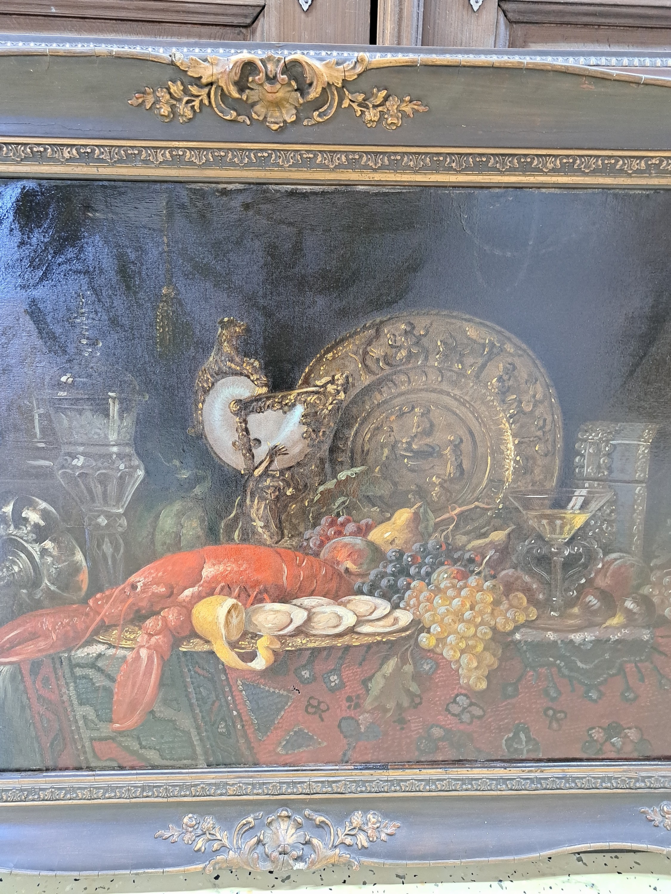 Detail c: Ernst Czernotzky, 1869 Brünne 1939 Wien, Stilllebenmaler, Stillleben mit Nautiluspokal,Messingplatte, Glaspokal, Hummer, Muscheln undTrauben, links ...