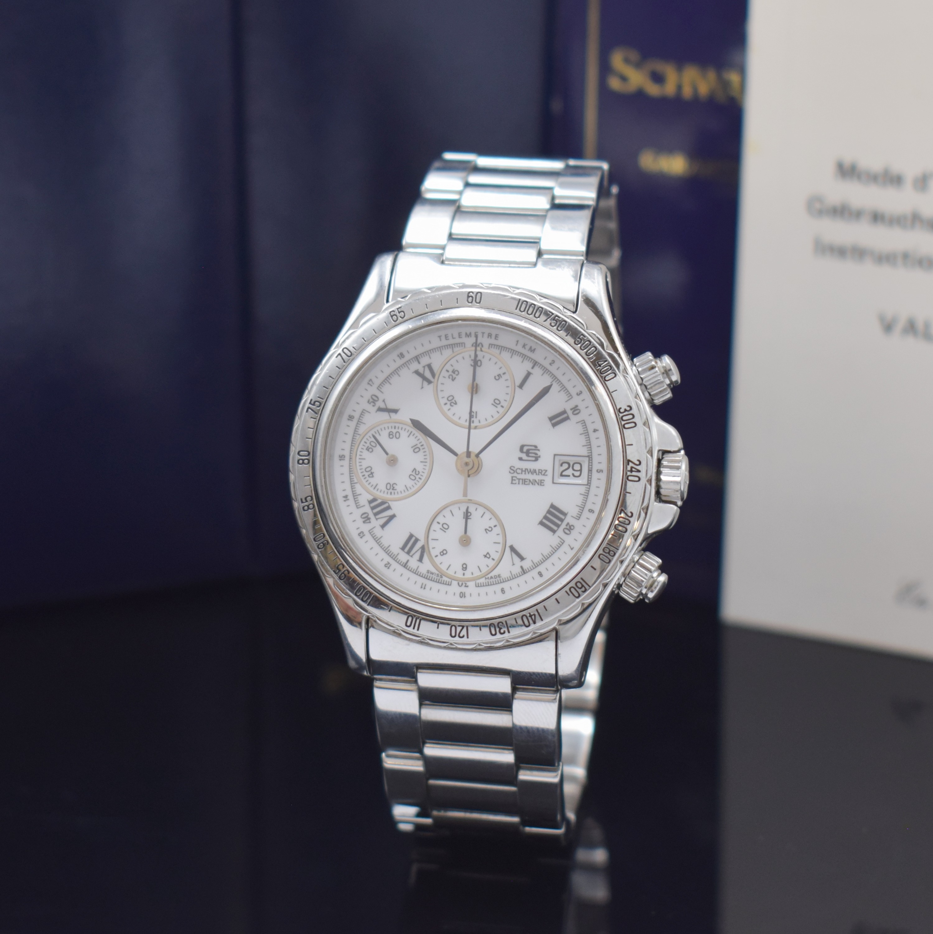 SCHWARZ ETIENNE Routemaster Armbandchronograph Referenz 581.505, Schweiz verk. lt. beil. Pap. 11/1994, Automatik, Edelstahlgeh. inkl. orig. ...