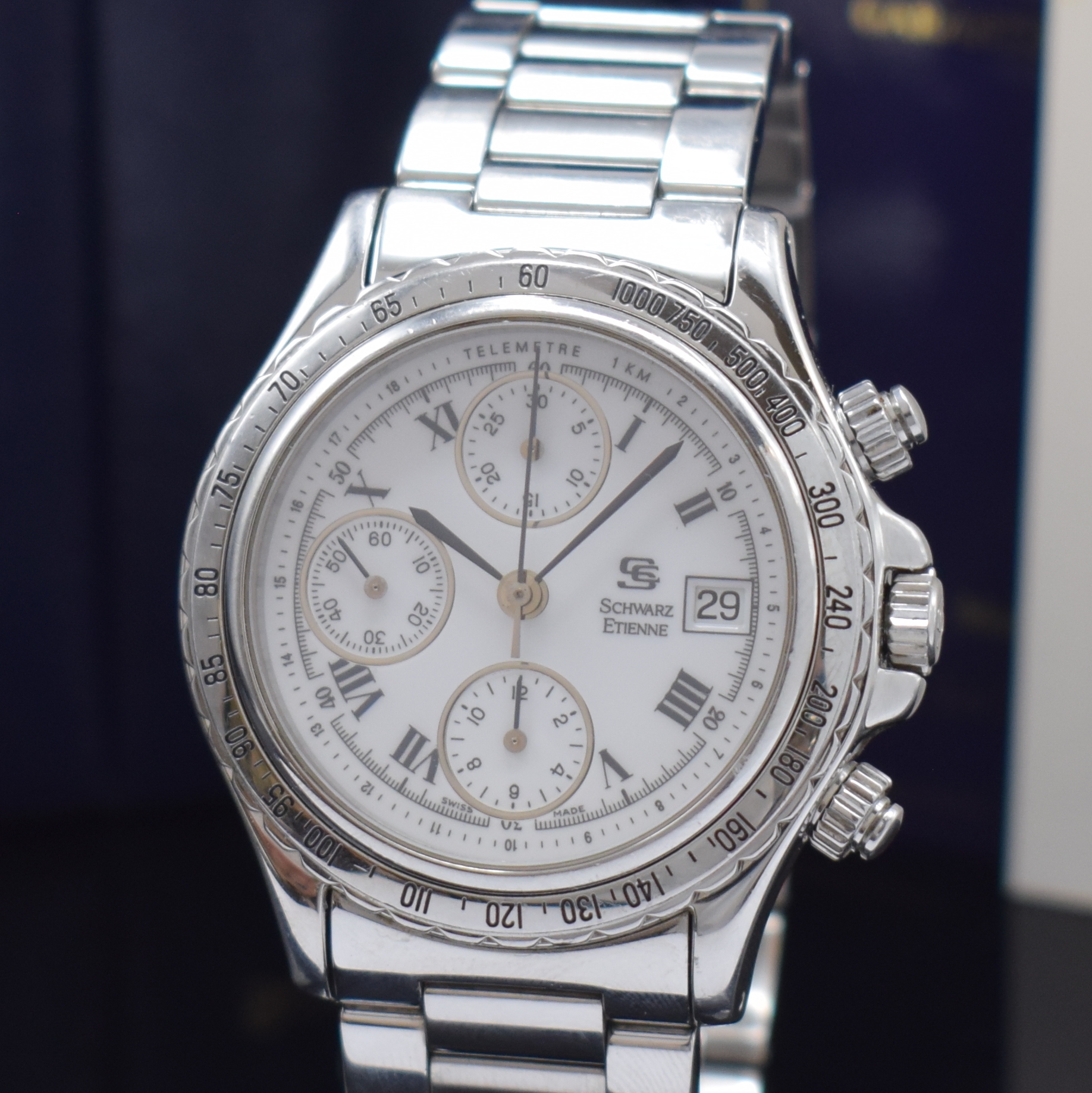 Detail a: SCHWARZ ETIENNE Routemaster Armbandchronograph Referenz 581.505, Schweiz verk. lt. beil. Pap. 11/1994, Automatik, Edelstahlgeh. inkl. orig. ...