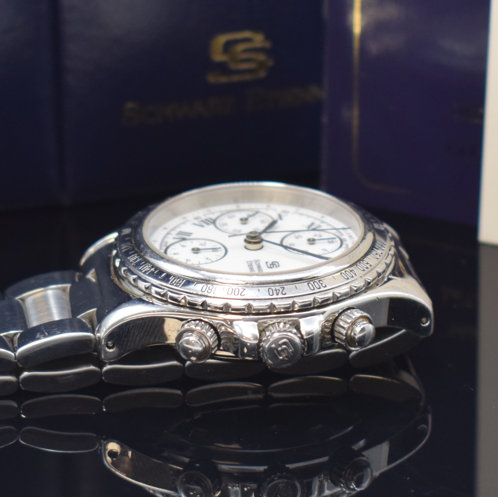 Detail c: SCHWARZ ETIENNE Routemaster Armbandchronograph Referenz 581.505, Schweiz verk. lt. beil. Pap. 11/1994, Automatik, Edelstahlgeh. inkl. orig. ...