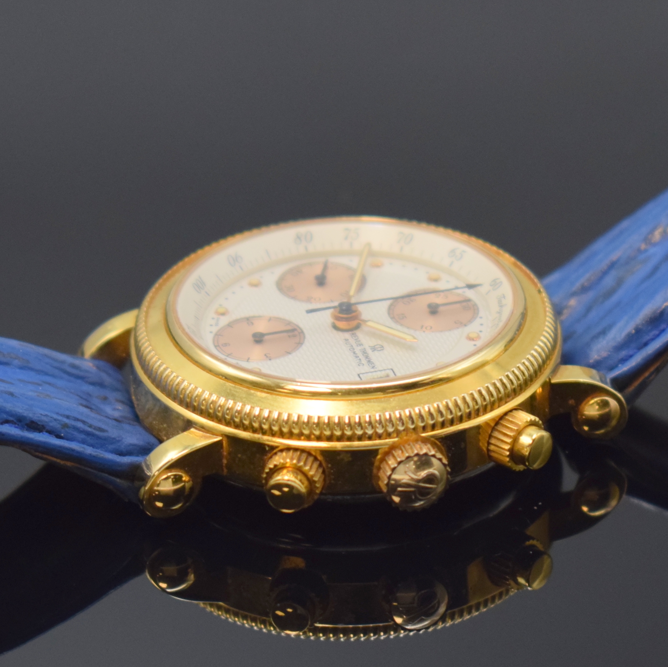 Detail c: REVUE THOMMEN Aviator Herrenchronograph Referenz 86 26 001, Schweiz um 1990, Automatik, verg. Geh., Stahlboden aufgedr., orig. Lederband m. ...