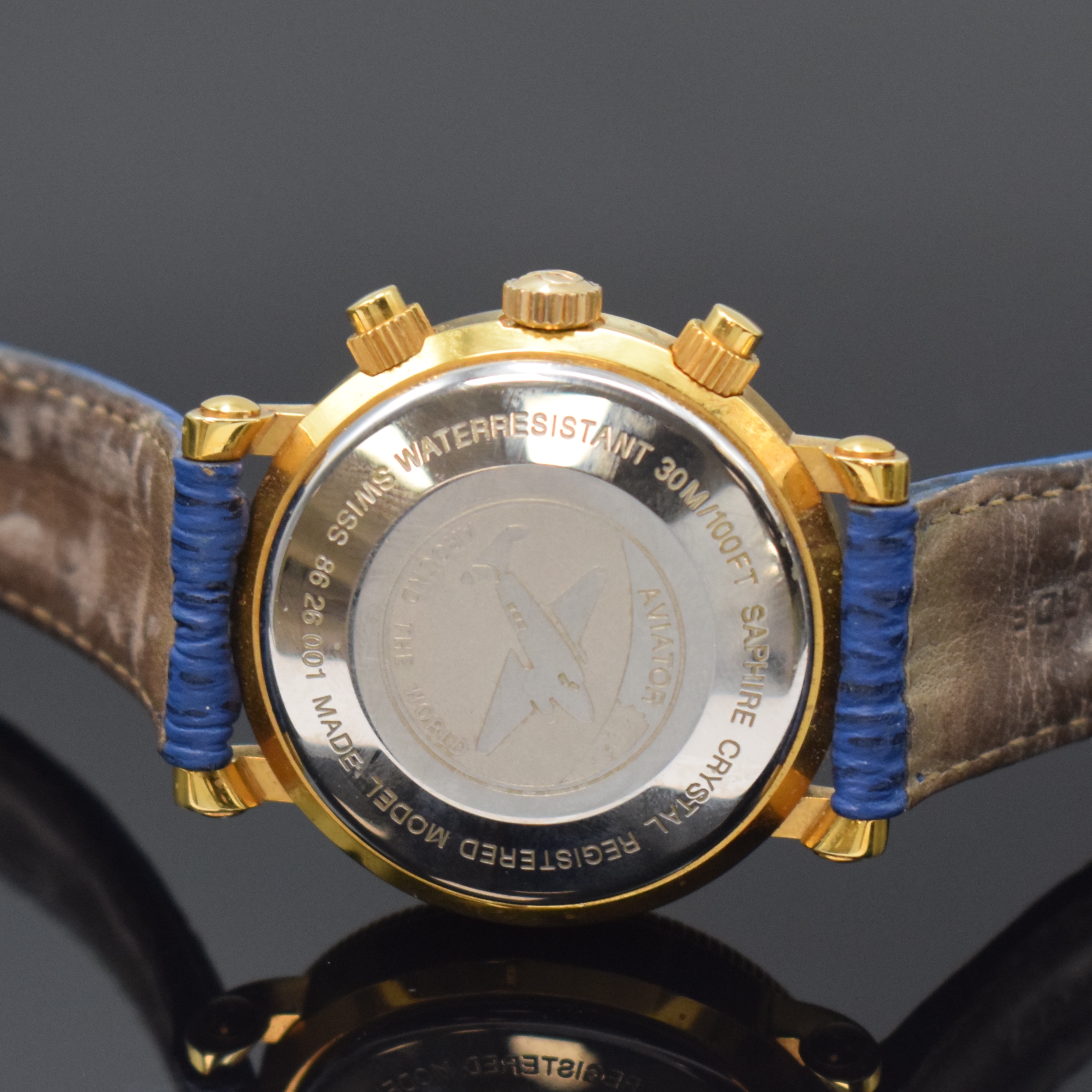 Detail d: REVUE THOMMEN Aviator Herrenchronograph Referenz 86 26 001, Schweiz um 1990, Automatik, verg. Geh., Stahlboden aufgedr., orig. Lederband m. ...