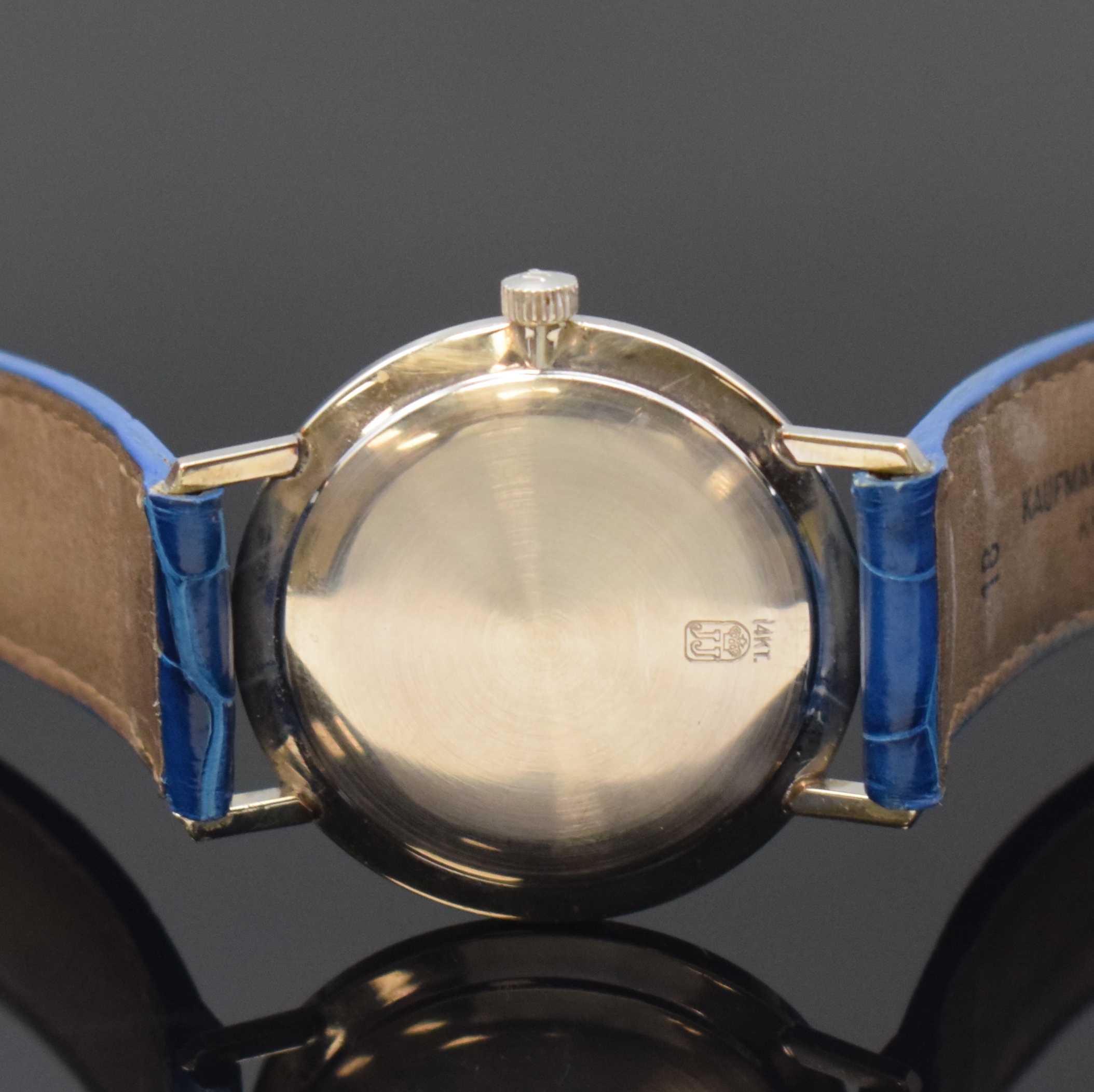Detail c: JULES JÜRGENSEN Armbanduhr in WG 585/000, Schweiz/USA um 1965, Handaufzug, Einschalengeh., silb. Zifferbl. m. Diamant u. Strich-Ind., silb. Zeiger, ...