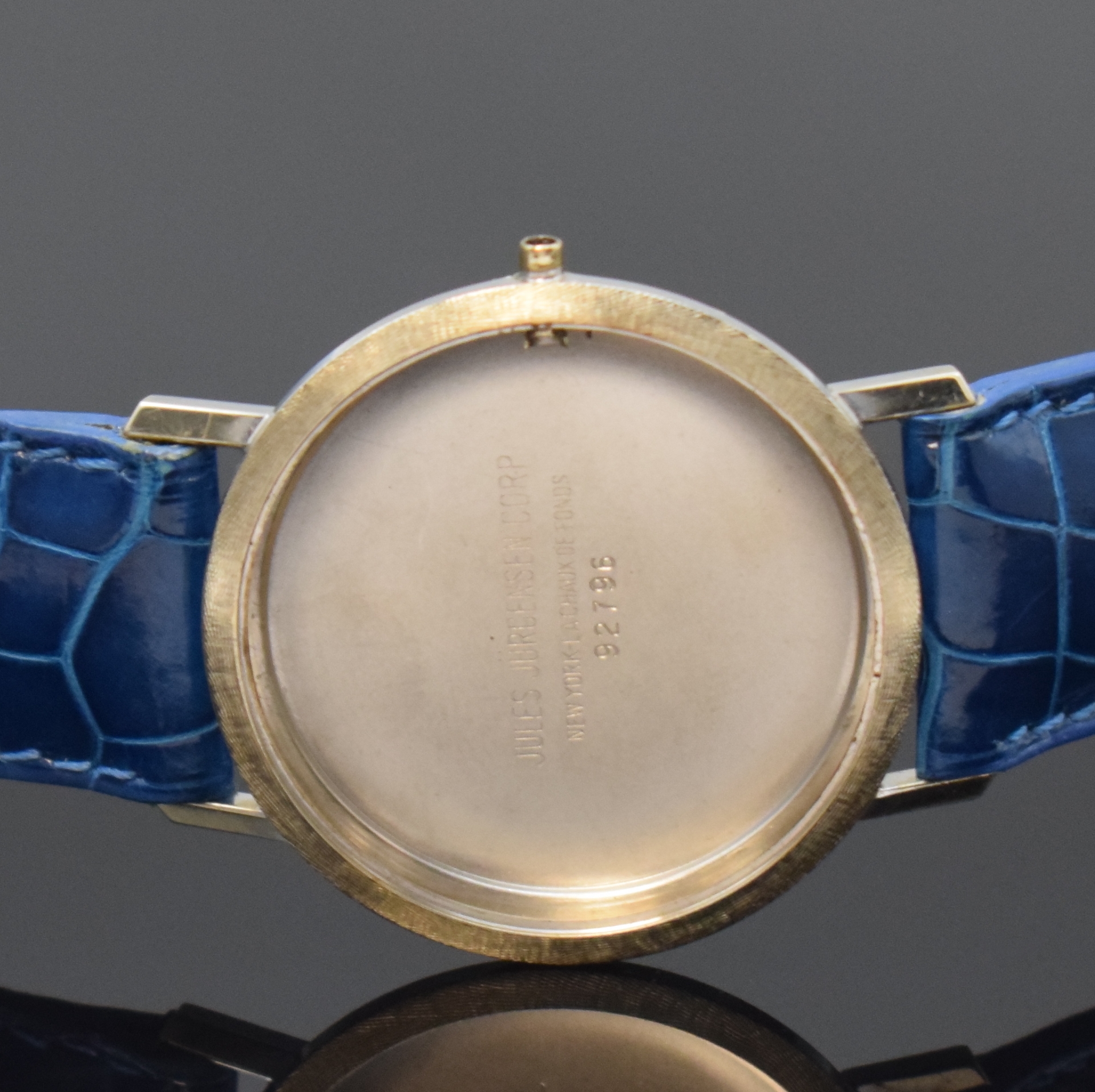 Detail d: JULES JÜRGENSEN Armbanduhr in WG 585/000, Schweiz/USA um 1965, Handaufzug, Einschalengeh., silb. Zifferbl. m. Diamant u. Strich-Ind., silb. Zeiger, ...
