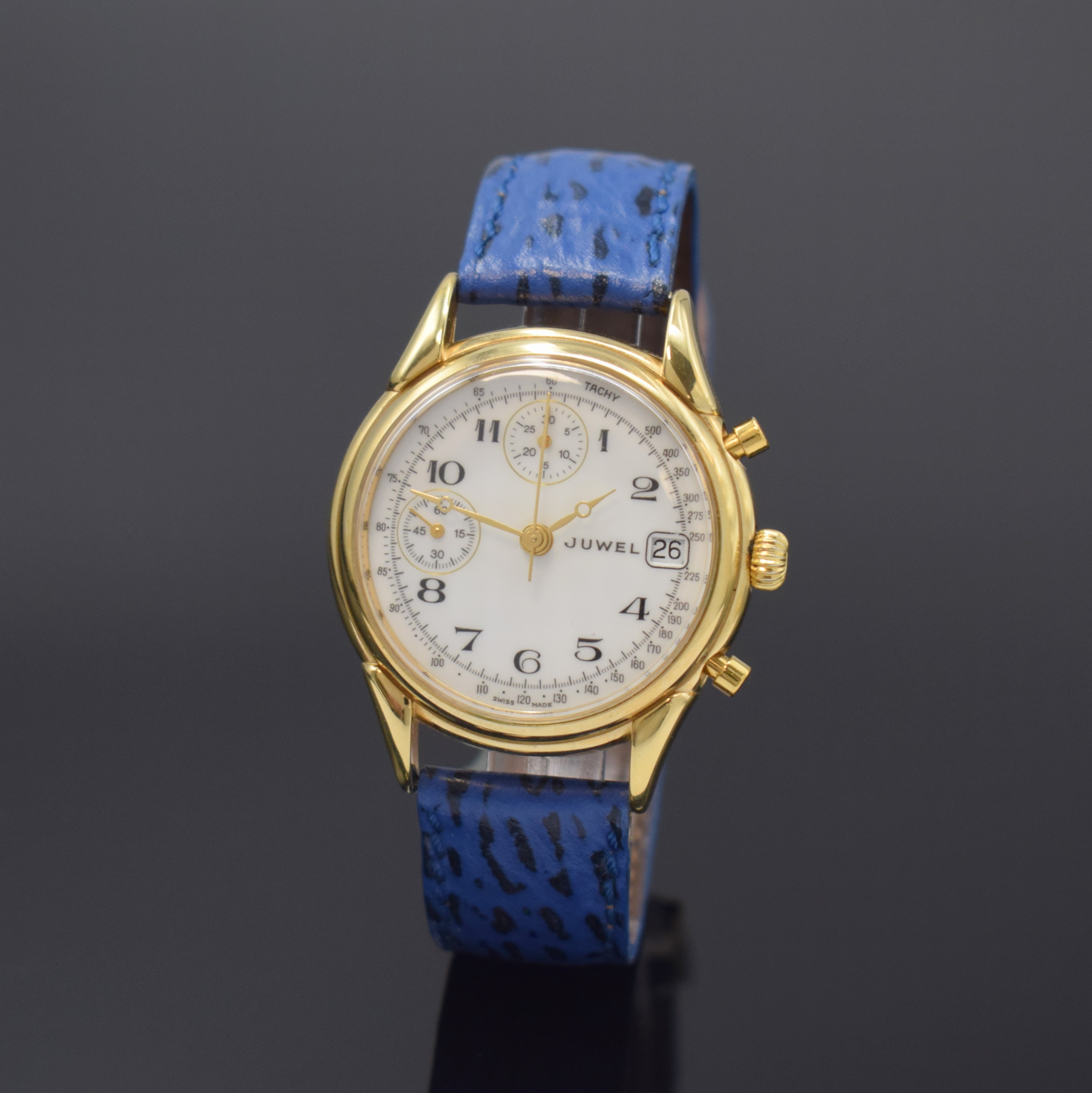 JUWEL vergoldeter Herrenchronograph, Schweiz um 1990, Handaufzug, Stahlboden aufgedr., weißes Zifferbl. m. arab. Zahlen, gold. Zeiger, ...