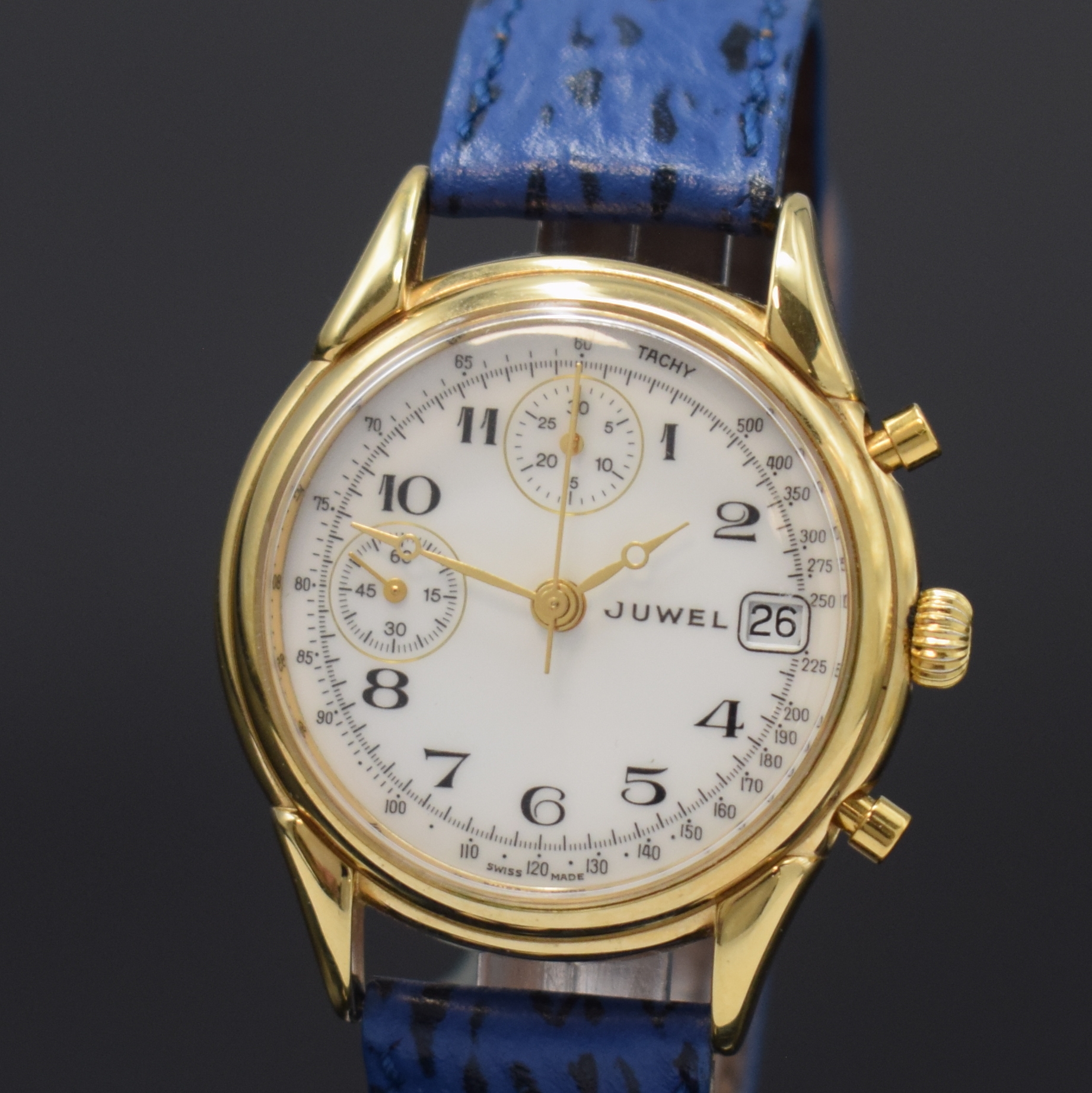 Detail a: JUWEL vergoldeter Herrenchronograph, Schweiz um 1990, Handaufzug, Stahlboden aufgedr., weißes Zifferbl. m. arab. Zahlen, gold. Zeiger, ...