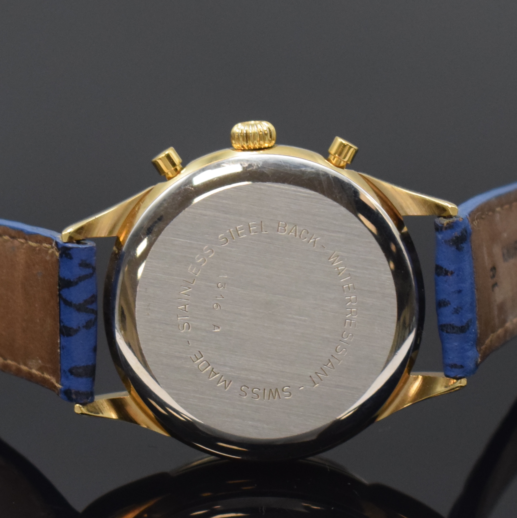 Detail c: JUWEL vergoldeter Herrenchronograph, Schweiz um 1990, Handaufzug, Stahlboden aufgedr., weißes Zifferbl. m. arab. Zahlen, gold. Zeiger, ...