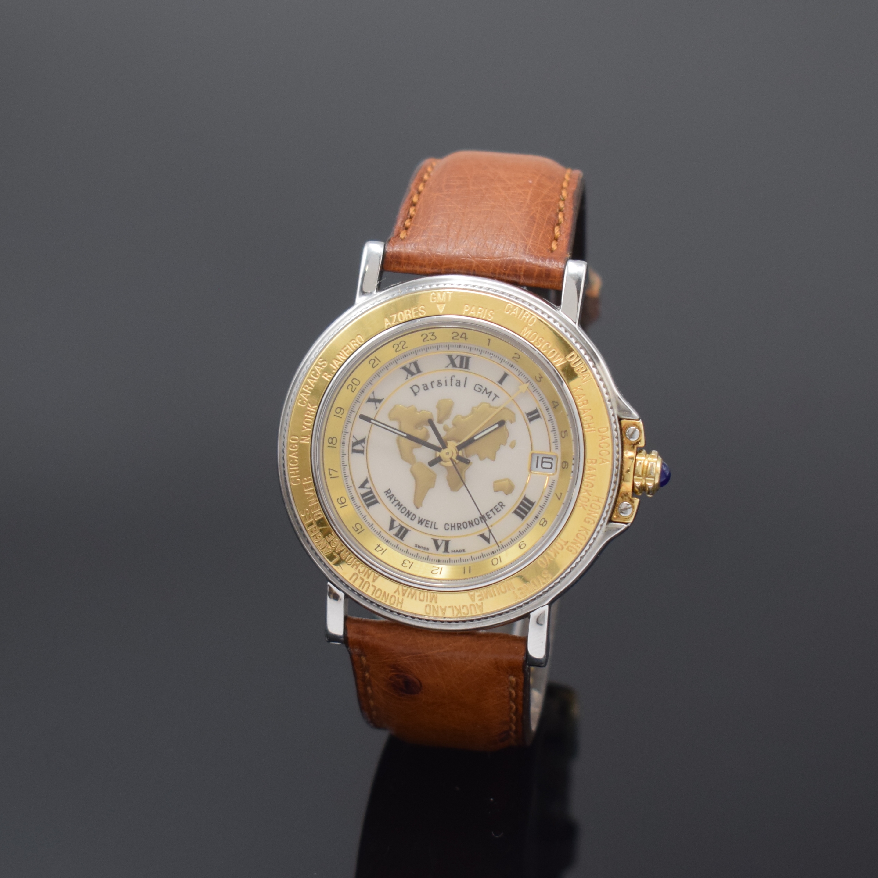 RAYMOND WEIL Herrenarmbanduhr Parsifal GMT Chronometer, Schweiz um 2000, Automatik, beids. vergl. Geh. in Edelstahl, Boden 4-fach verschr., ...