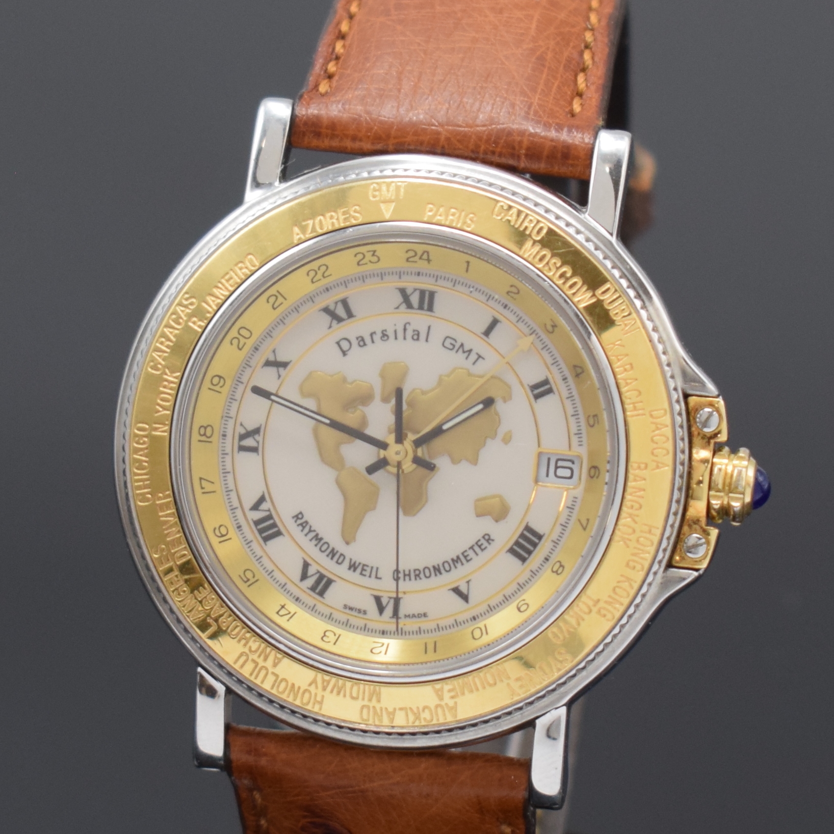 Detail a: RAYMOND WEIL Herrenarmbanduhr Parsifal GMT Chronometer, Schweiz um 2000, Automatik, beids. vergl. Geh. in Edelstahl, Boden 4-fach verschr., ...