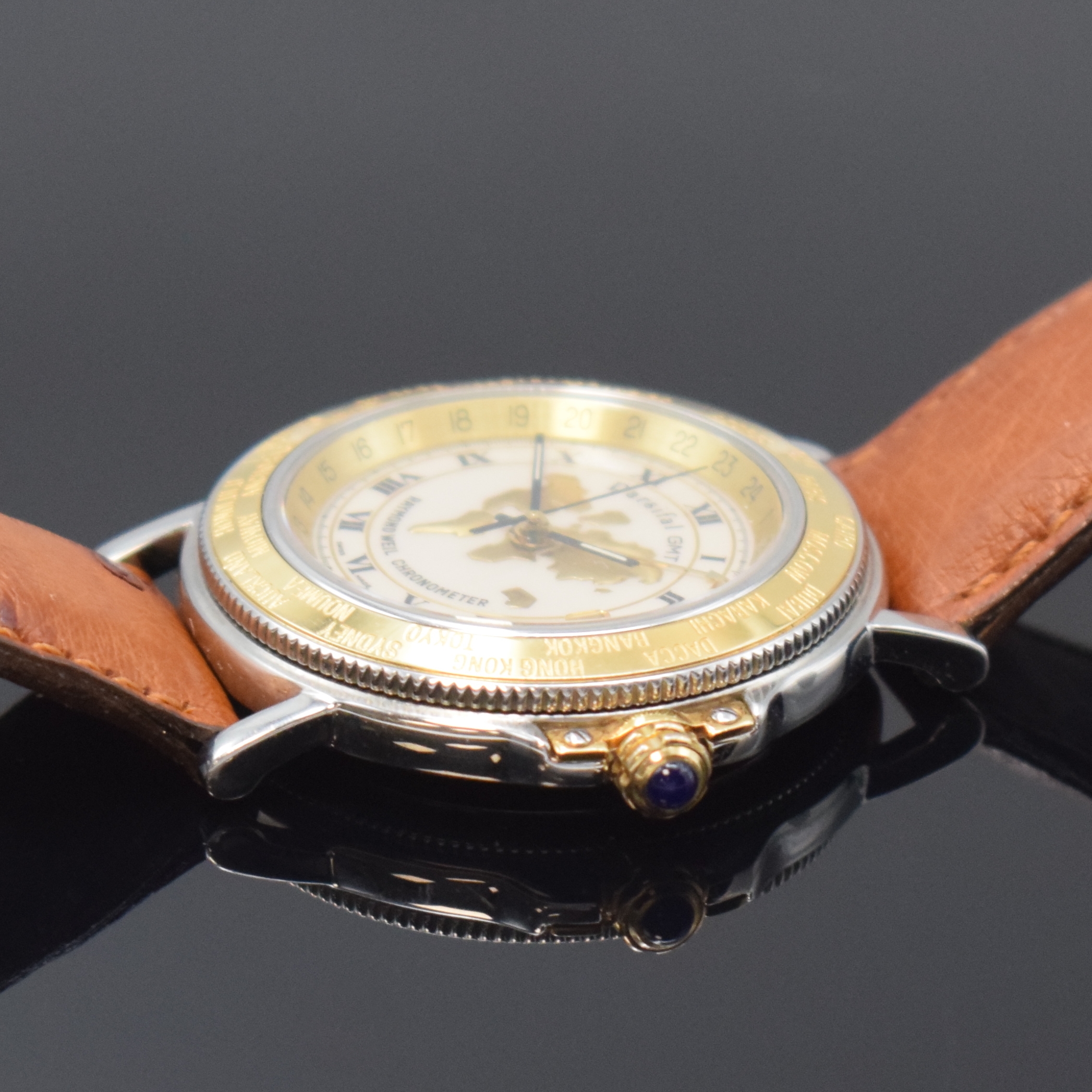 Detail b: RAYMOND WEIL Herrenarmbanduhr Parsifal GMT Chronometer, Schweiz um 2000, Automatik, beids. vergl. Geh. in Edelstahl, Boden 4-fach verschr., ...