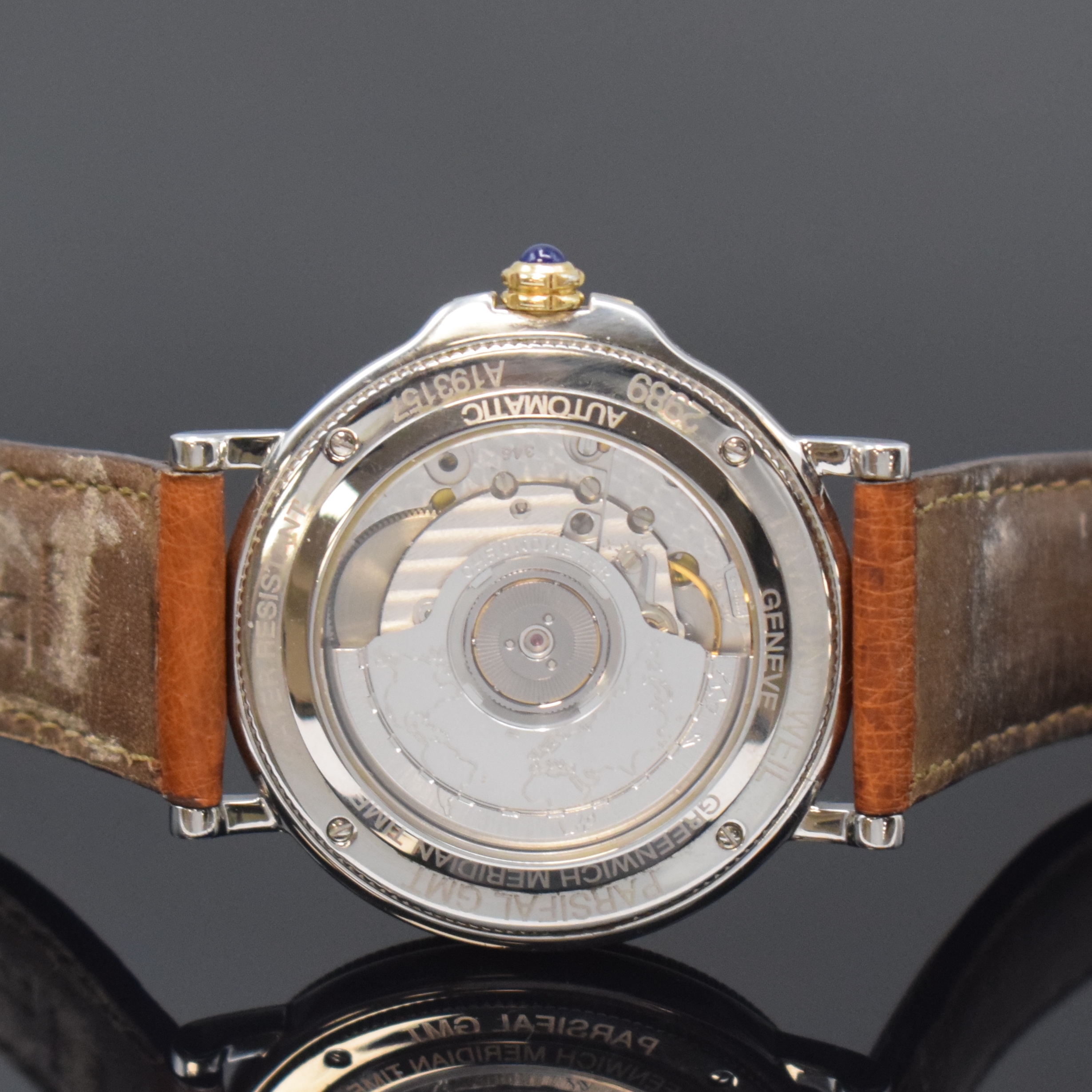 Detail c: RAYMOND WEIL Herrenarmbanduhr Parsifal GMT Chronometer, Schweiz um 2000, Automatik, beids. vergl. Geh. in Edelstahl, Boden 4-fach verschr., ...