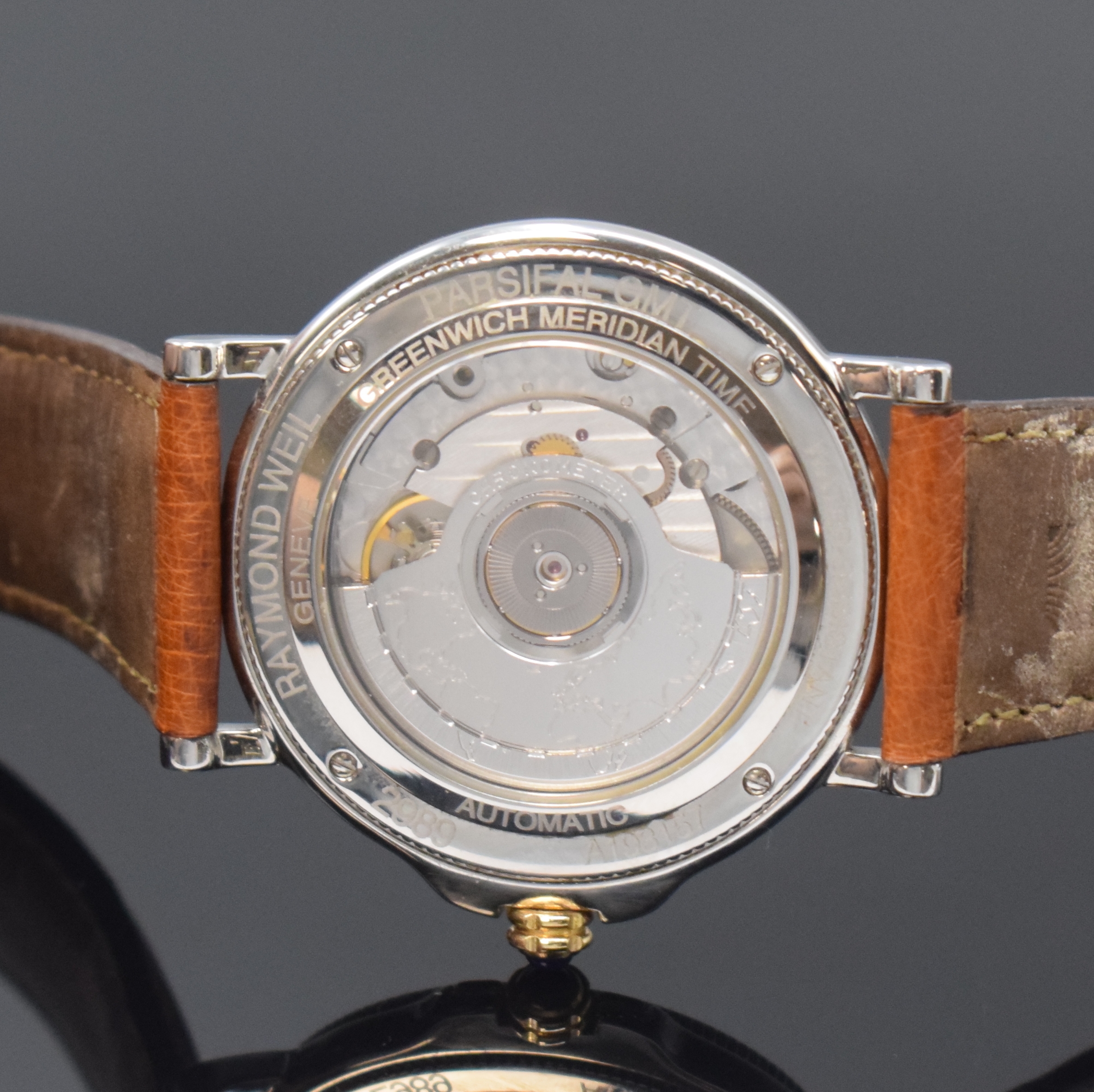 Detail d: RAYMOND WEIL Herrenarmbanduhr Parsifal GMT Chronometer, Schweiz um 2000, Automatik, beids. vergl. Geh. in Edelstahl, Boden 4-fach verschr., ...
