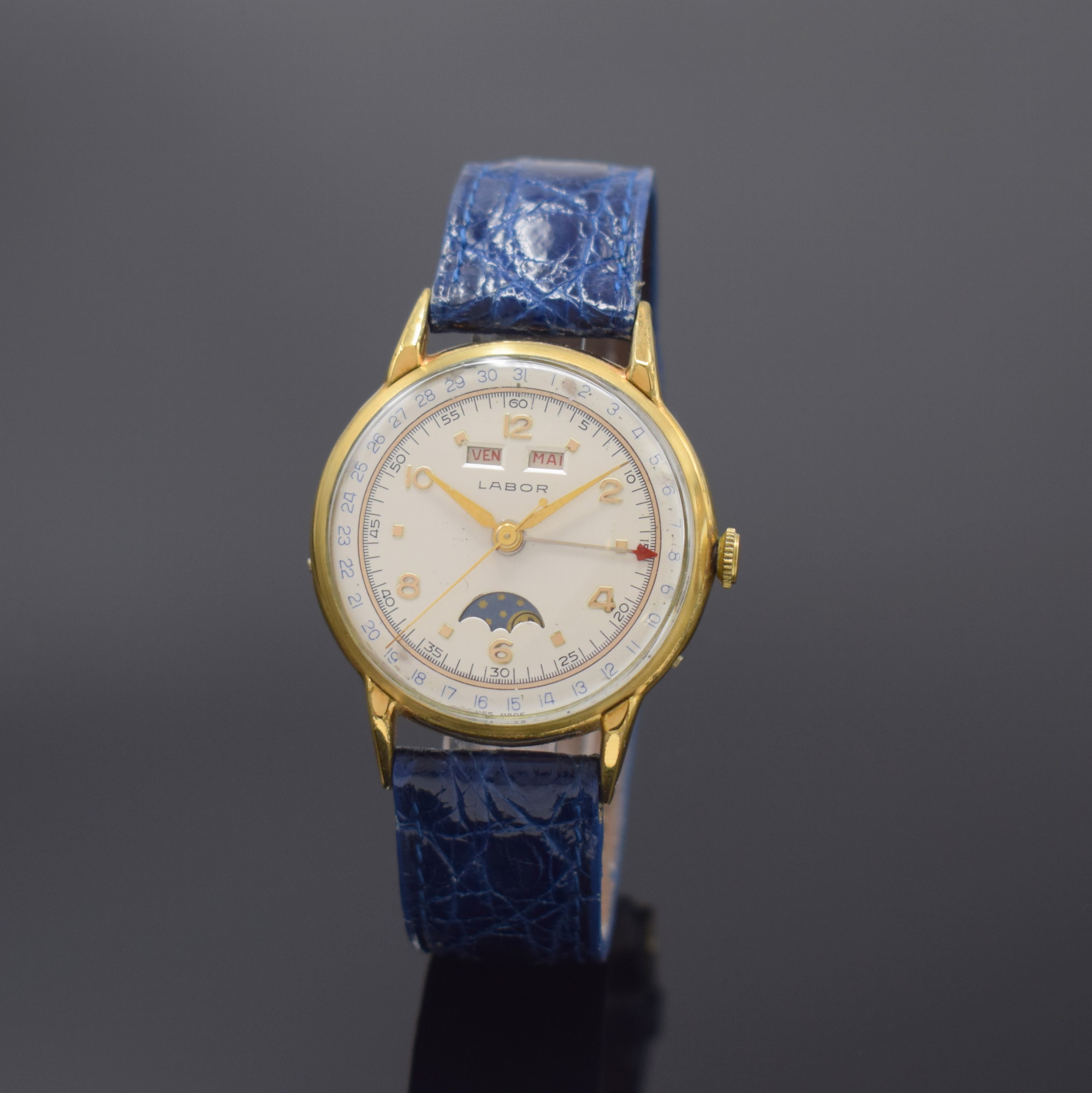 LABOR Herrenarmbanduhr mit Vollkalender Kaliber Valjoux 90, Schweiz um 1950, Handaufzug, verg. Geh., Boden aufgedr., Korrekturdr. seitl. im Geh. ...