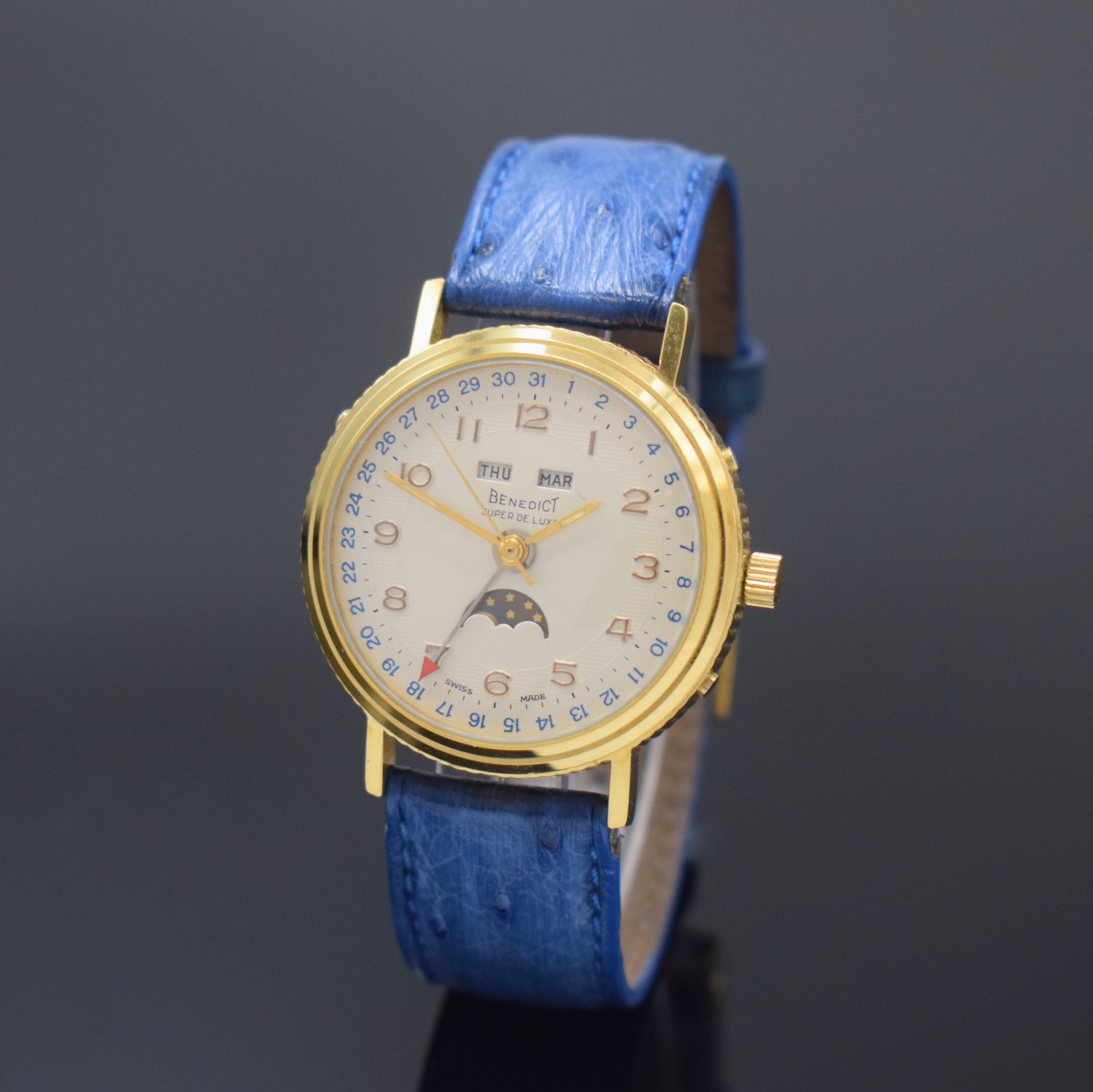 BENEDICT Super De Luxe Herrenarmbanduhr mit Vollkalender inklusive Mondphase, Schweiz um 1990, Handaufzug, verg. Geh., Münzrand, beids. vergl., ...