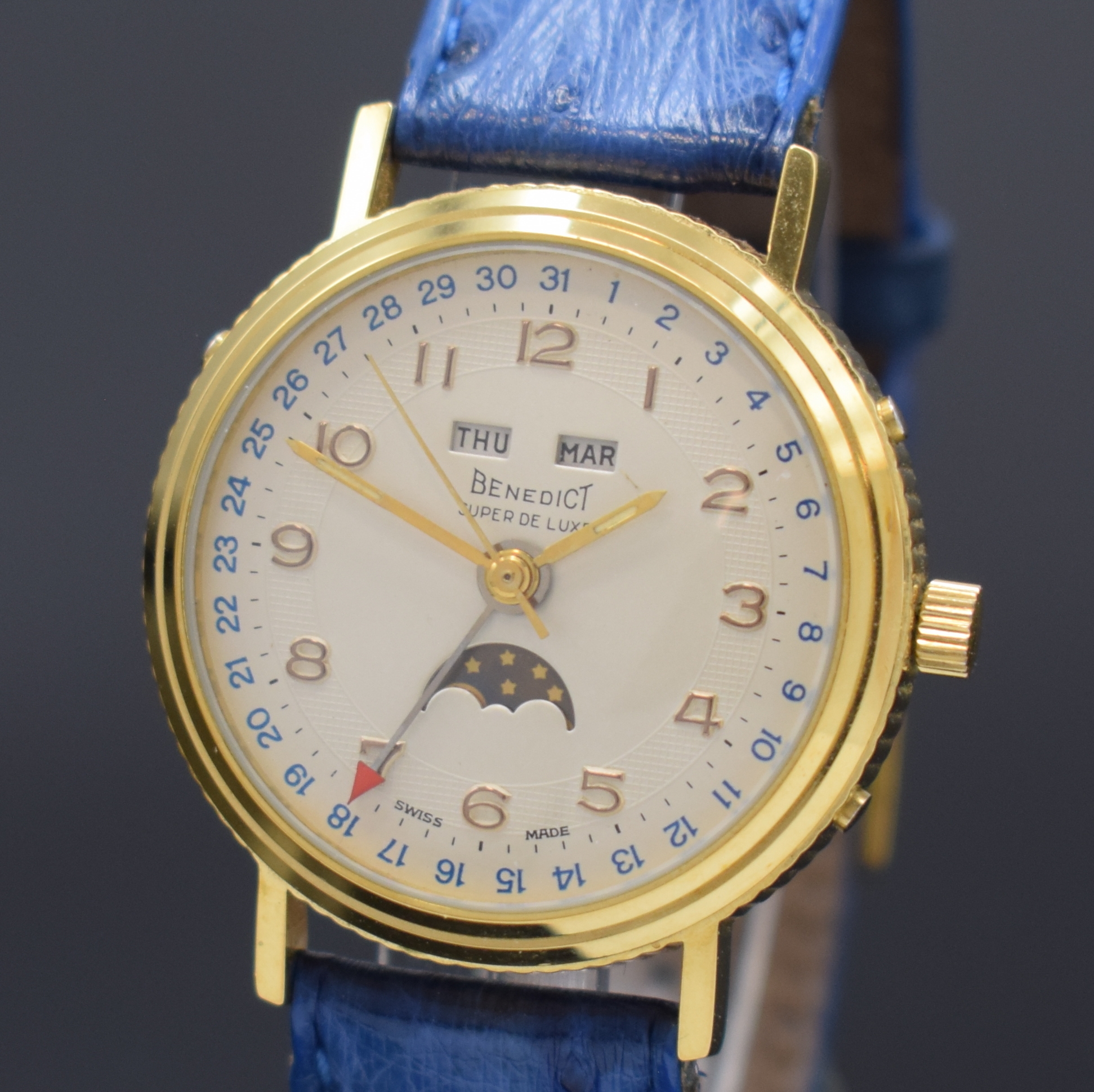Detail a: BENEDICT Super De Luxe Herrenarmbanduhr mit Vollkalender inklusive Mondphase, Schweiz um 1990, Handaufzug, verg. Geh., Münzrand, beids. vergl., ...