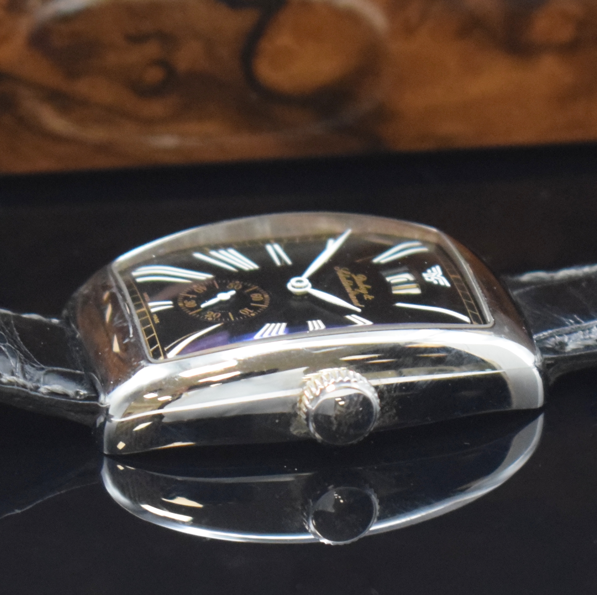 Detail c: DUBEY & SCHALDENBRAND Aerodyn Date Herrenarmbanduhr in Stahl, Schweiz um 2000, Automatik, Boden 7-fach verschr., orig. Lederband m. Faltschl., ...