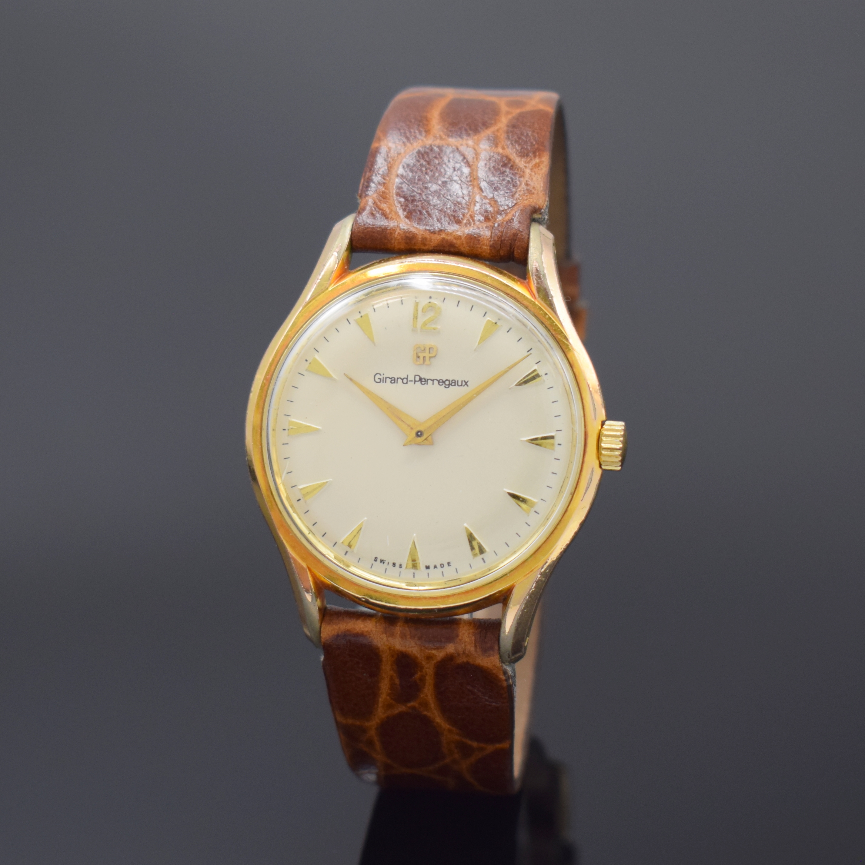 GIRARD PERREGAUX Herrenarmbanduhr, Handaufzug, Schweiz um 1960, verg. Geh., Edelstahlboden verschr., Zifferbl. rest., Sek.-Zeiger zu ers., Ankerw. m. ...