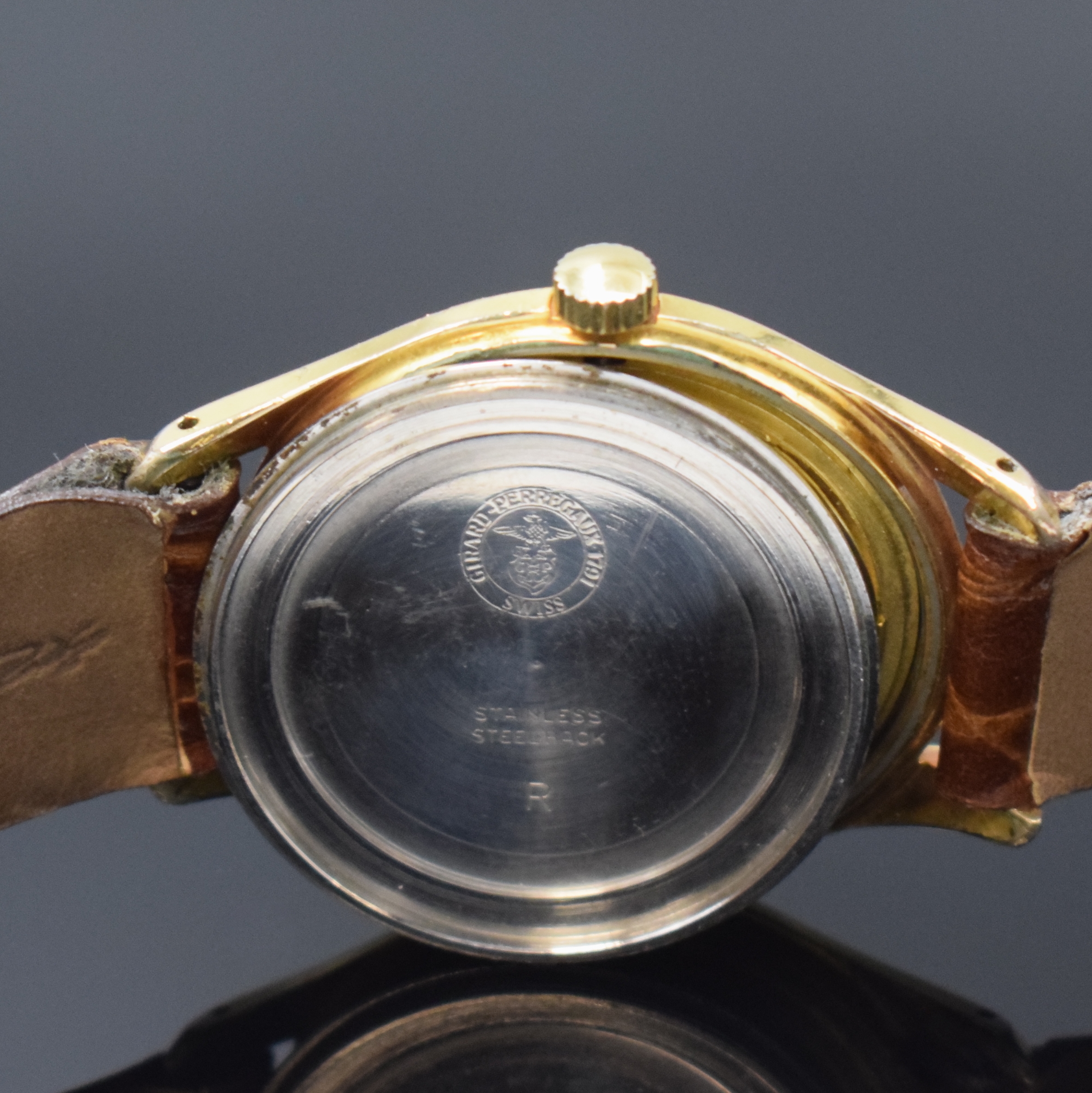 Detail e: GIRARD PERREGAUX Herrenarmbanduhr, Handaufzug, Schweiz um 1960, verg. Geh., Edelstahlboden verschr., Zifferbl. rest., Sek.-Zeiger zu ers., Ankerw. m. ...