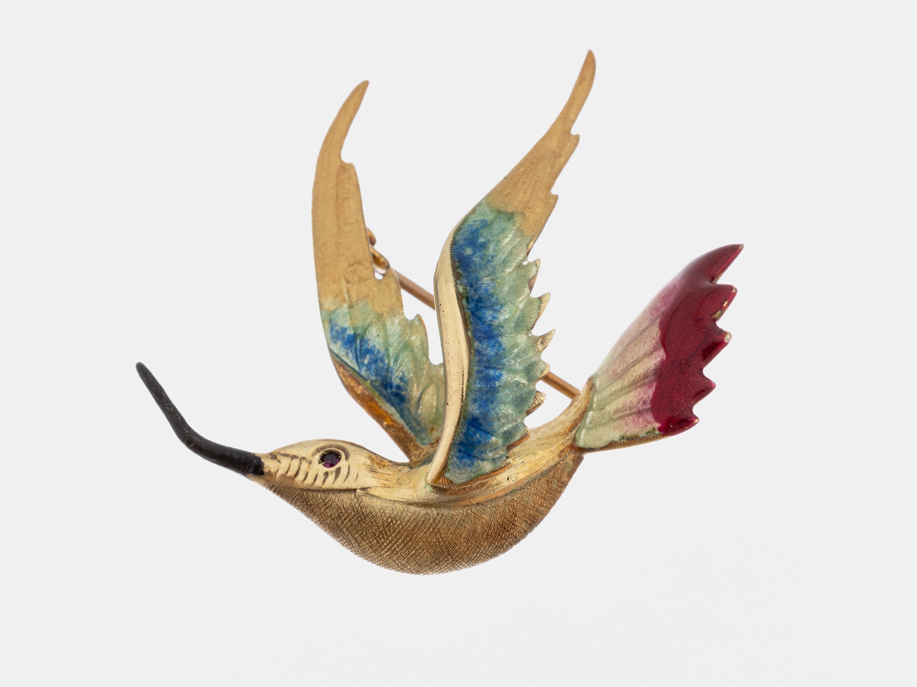 14 kt Gold Email-Brosche, GG 585/000, Darstellung eines fliegenden Vogels, polychromemailliert, ca. 3 x 3.5 cm, ca. 6.8 g