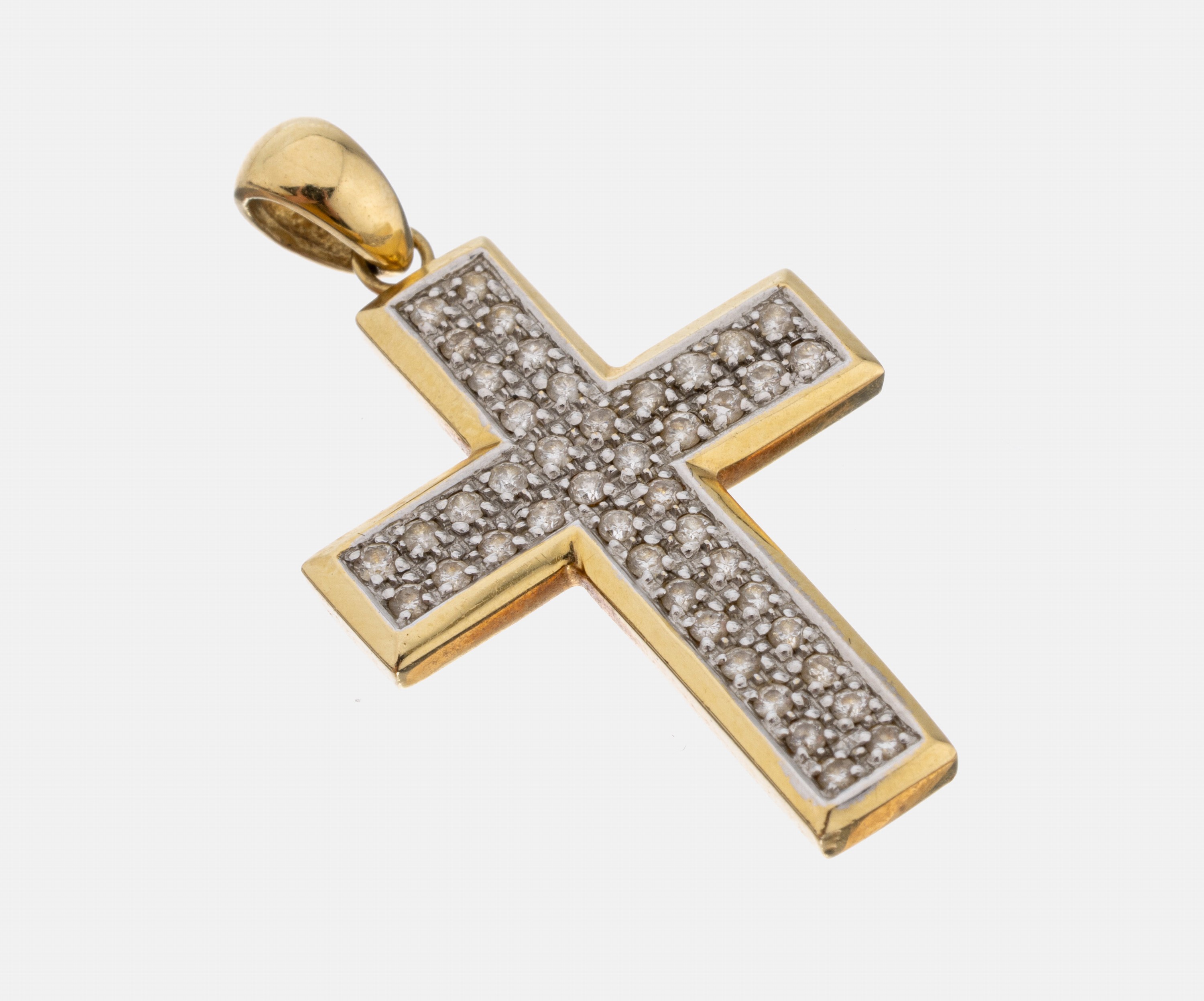 18 kt Gold Brillant-Kreuzanhänger, GG/WG 750/000, 44 in WG gefasste Brillanten zus. ca.0.44 ct Weiß/si, ca. 3.5 x 2 cm, ca. 5.1 g