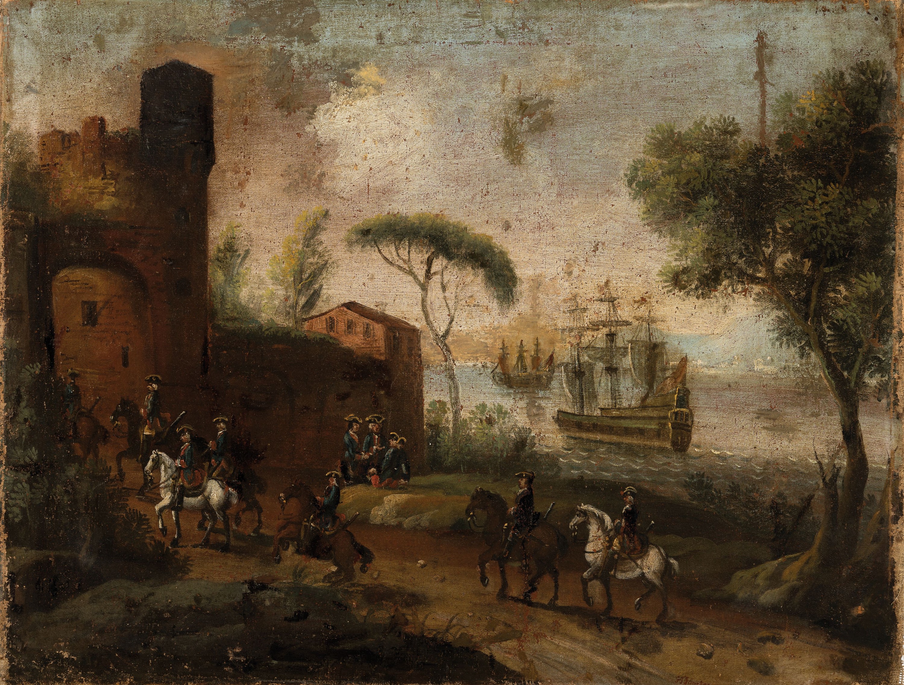 Zuschreibung: Johann Tobias Sonntag (1683 -1738), Hafenlandschaft mit Reitern vor einem Stadttor, mittig Unten signiert "J T Sonntag pinx", ...