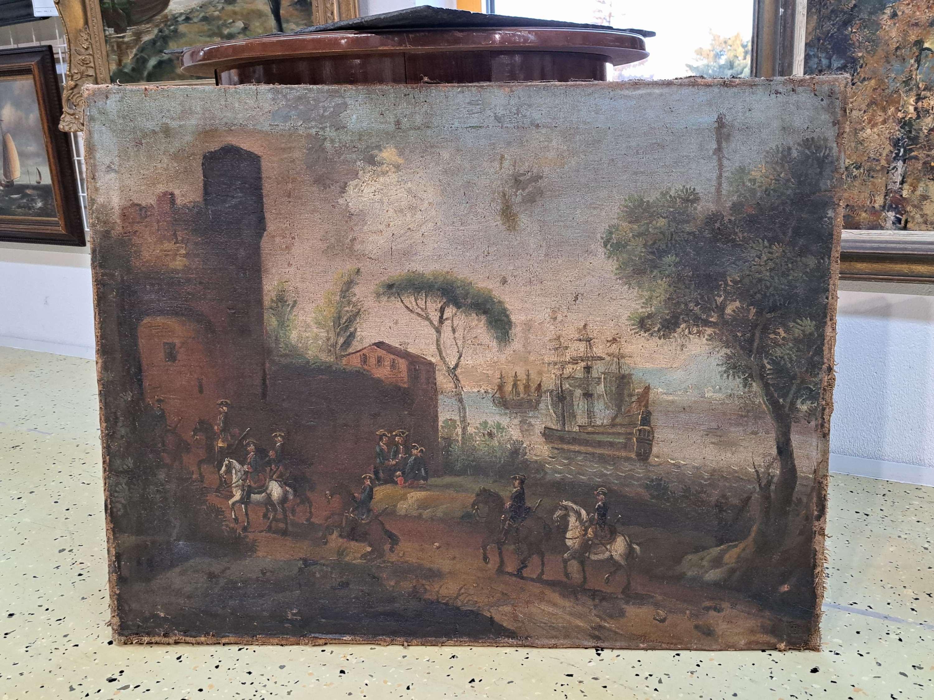 Detail a: Zuschreibung: Johann Tobias Sonntag (1683 -1738), Hafenlandschaft mit Reitern vor einem Stadttor, mittig Unten signiert "J T Sonntag pinx", ...