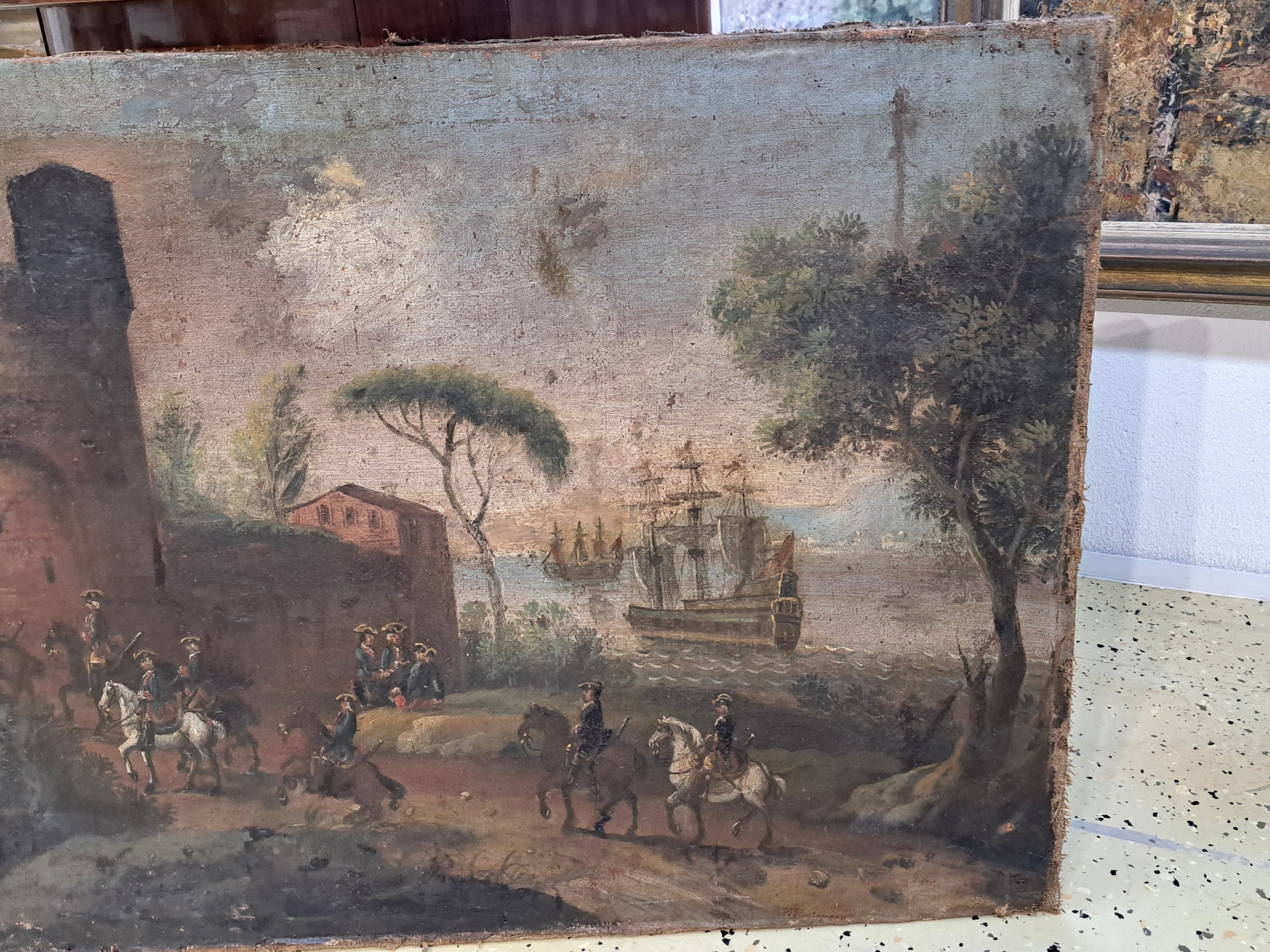 Detail b: Zuschreibung: Johann Tobias Sonntag (1683 -1738), Hafenlandschaft mit Reitern vor einem Stadttor, mittig Unten signiert "J T Sonntag pinx", ...