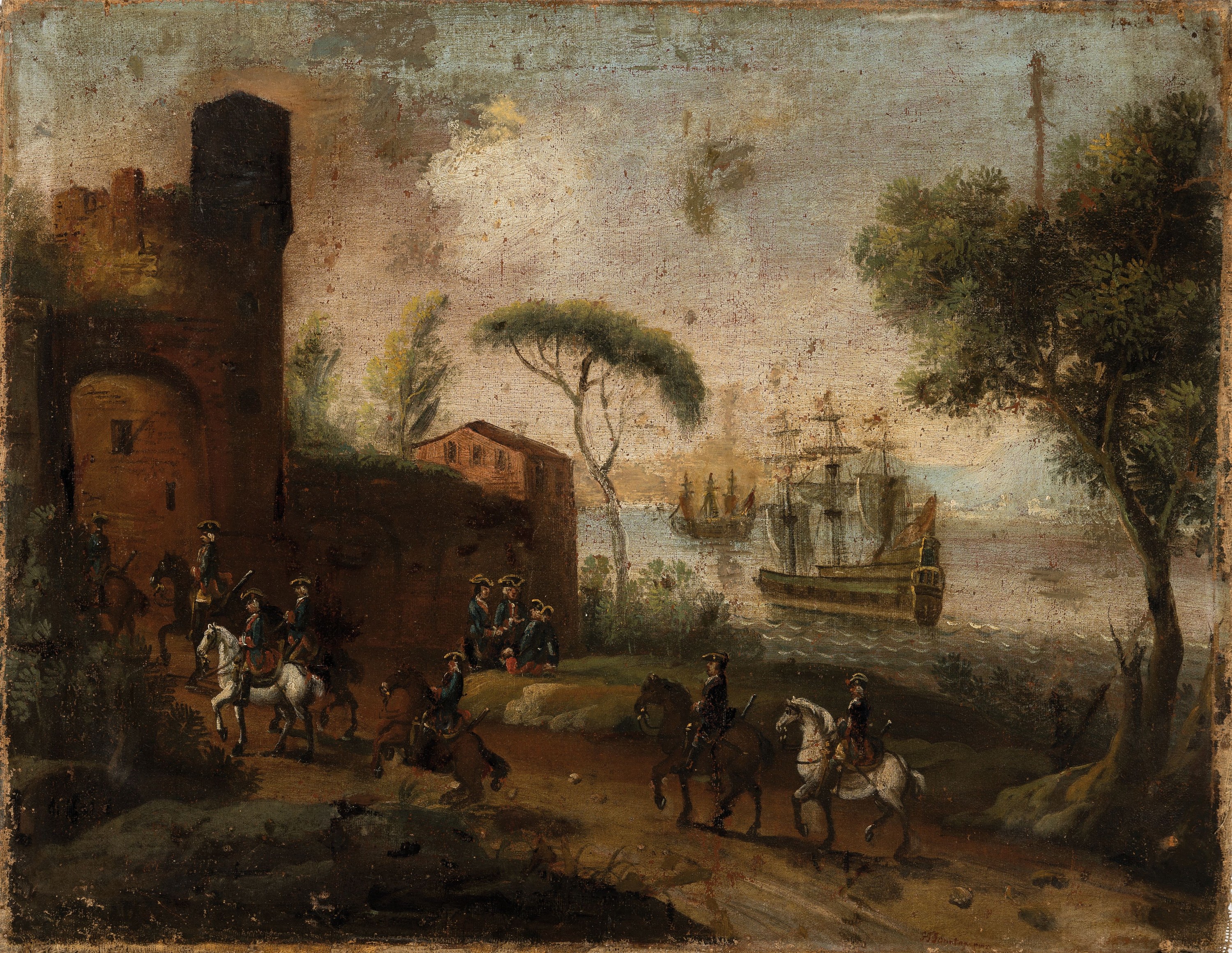 Detail k: Zuschreibung: Johann Tobias Sonntag (1683 -1738), Hafenlandschaft mit Reitern vor einem Stadttor, mittig Unten signiert "J T Sonntag pinx", ...