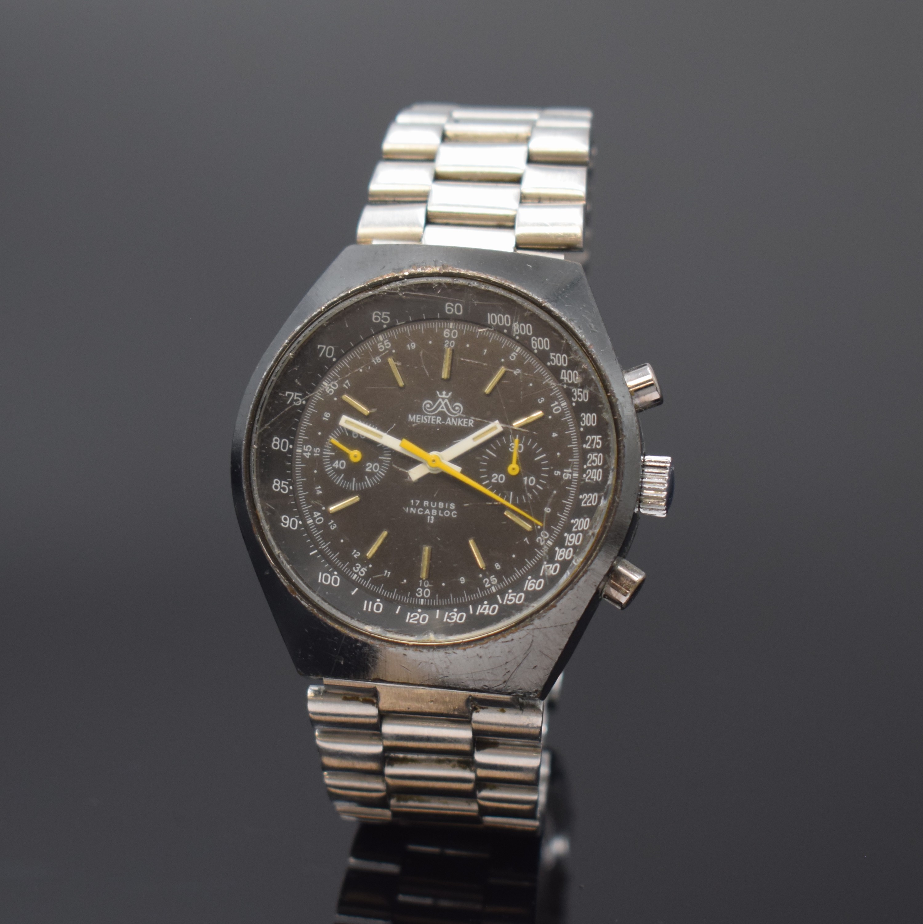 MEISTERANKER Armbandchronograph Kaliber Valjoux 7733 an original Omega Stahlband, Schweiz um 1970, Handaufzug, geschw. Metallgeh. m. verschr. ...