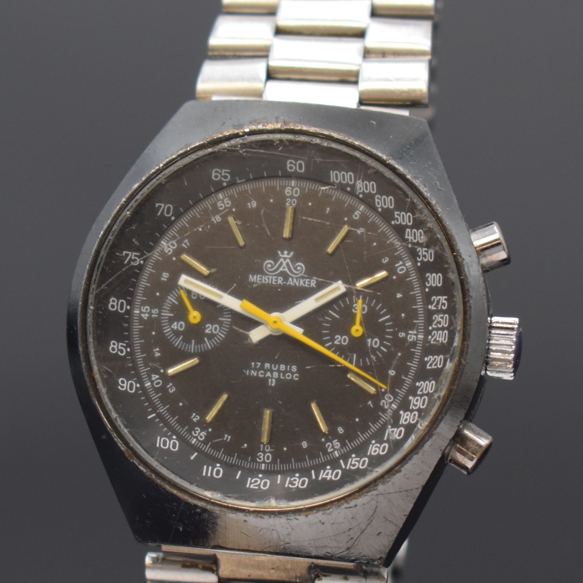 Detail a: MEISTERANKER Armbandchronograph Kaliber Valjoux 7733 an original Omega Stahlband, Schweiz um 1970, Handaufzug, geschw. Metallgeh. m. verschr. ...