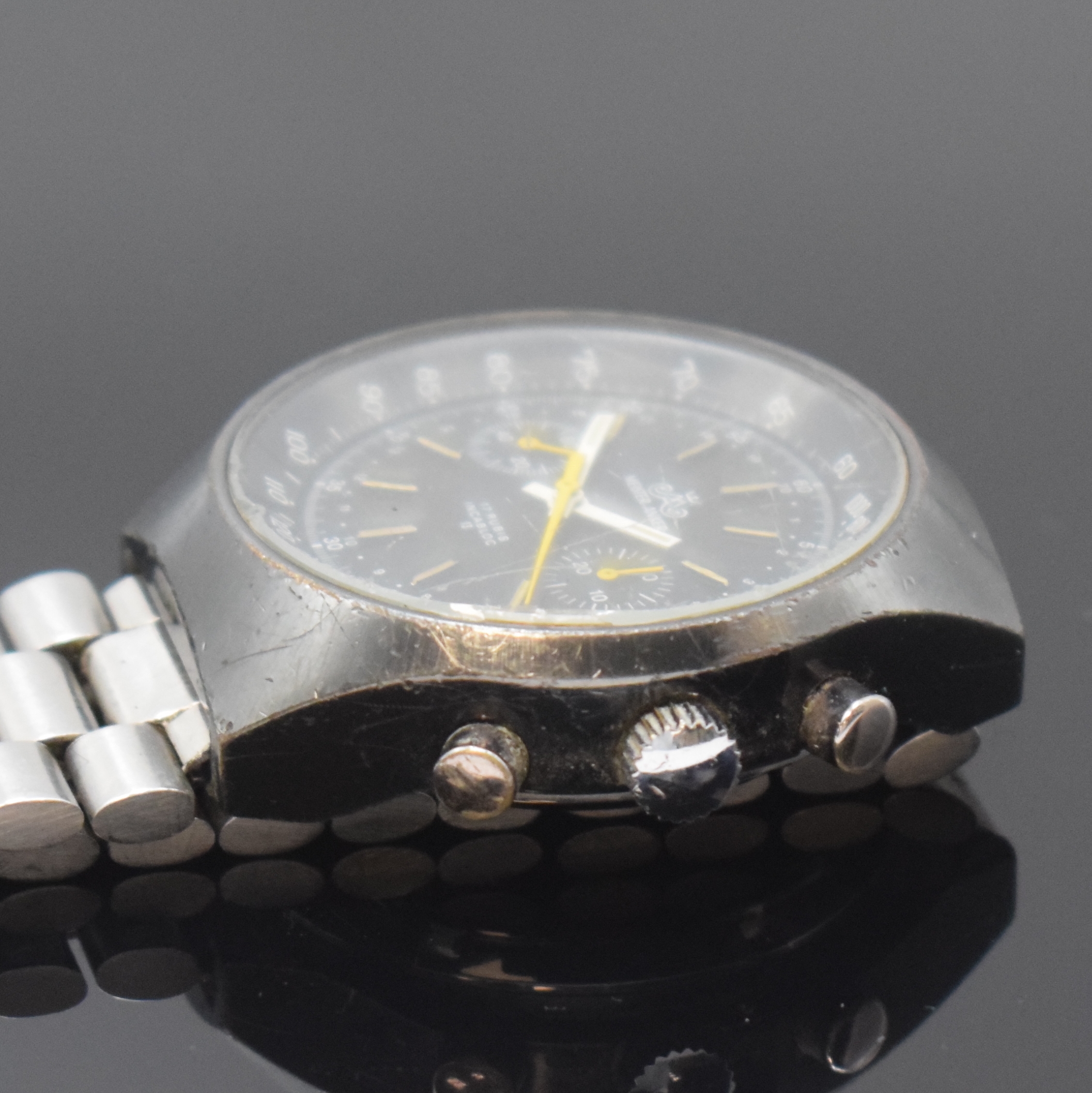 Detail c: MEISTERANKER Armbandchronograph Kaliber Valjoux 7733 an original Omega Stahlband, Schweiz um 1970, Handaufzug, geschw. Metallgeh. m. verschr. ...