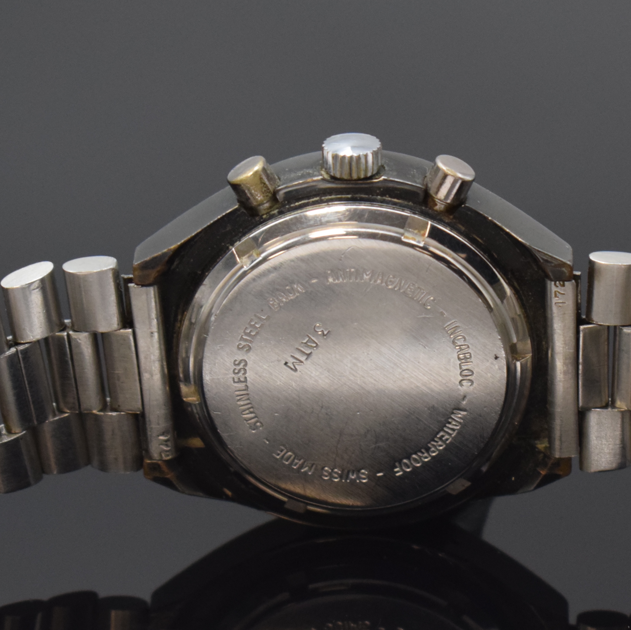 Detail d: MEISTERANKER Armbandchronograph Kaliber Valjoux 7733 an original Omega Stahlband, Schweiz um 1970, Handaufzug, geschw. Metallgeh. m. verschr. ...