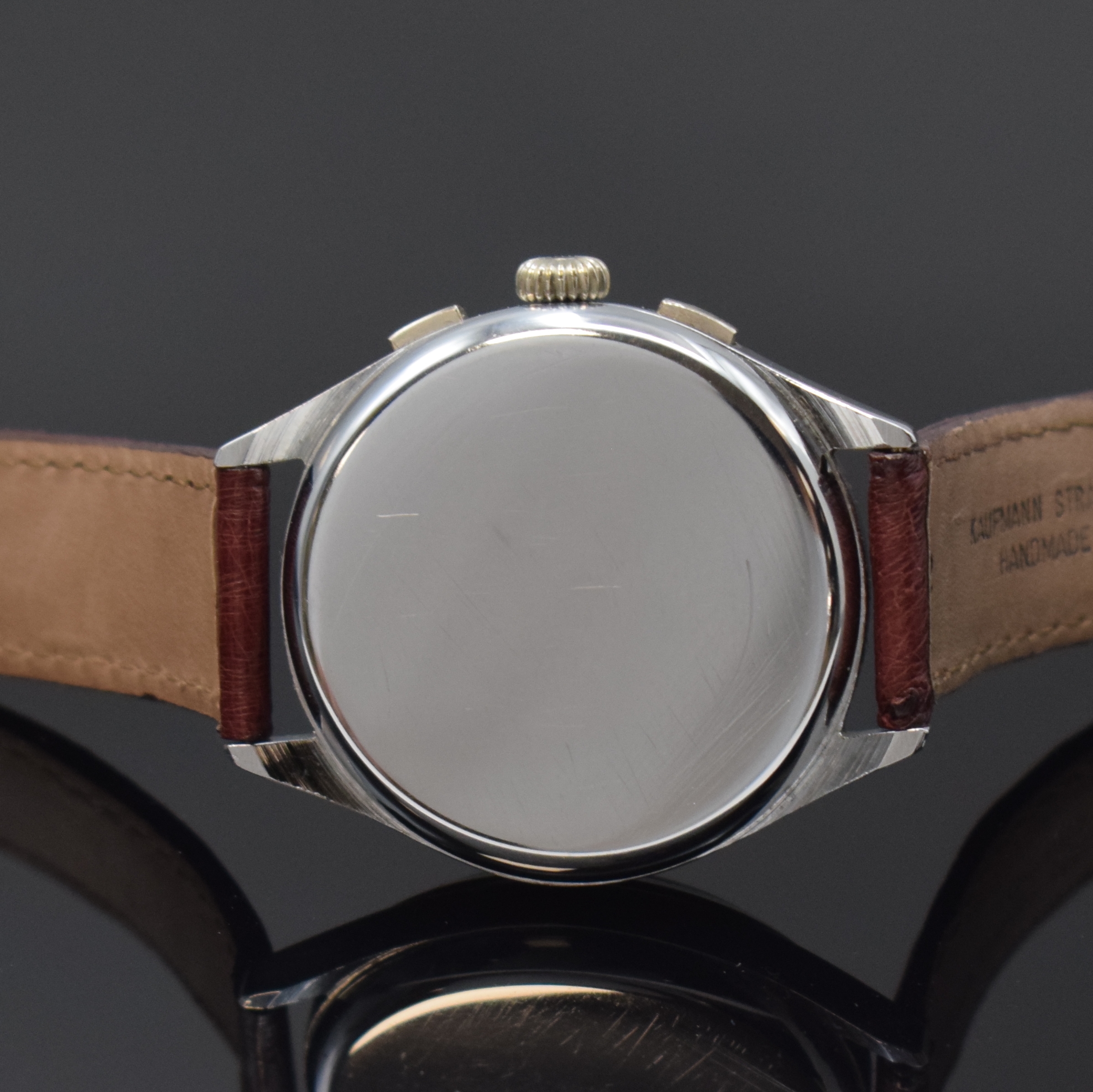 Detail c: BRITIX / CHRONOGRAPHE SUISSE verchromte Herrenarmbanduhr mit Chronograph, Handaufzug Schweiz um 1950, Boden und Glasrand aufgedr., schwarzes ...