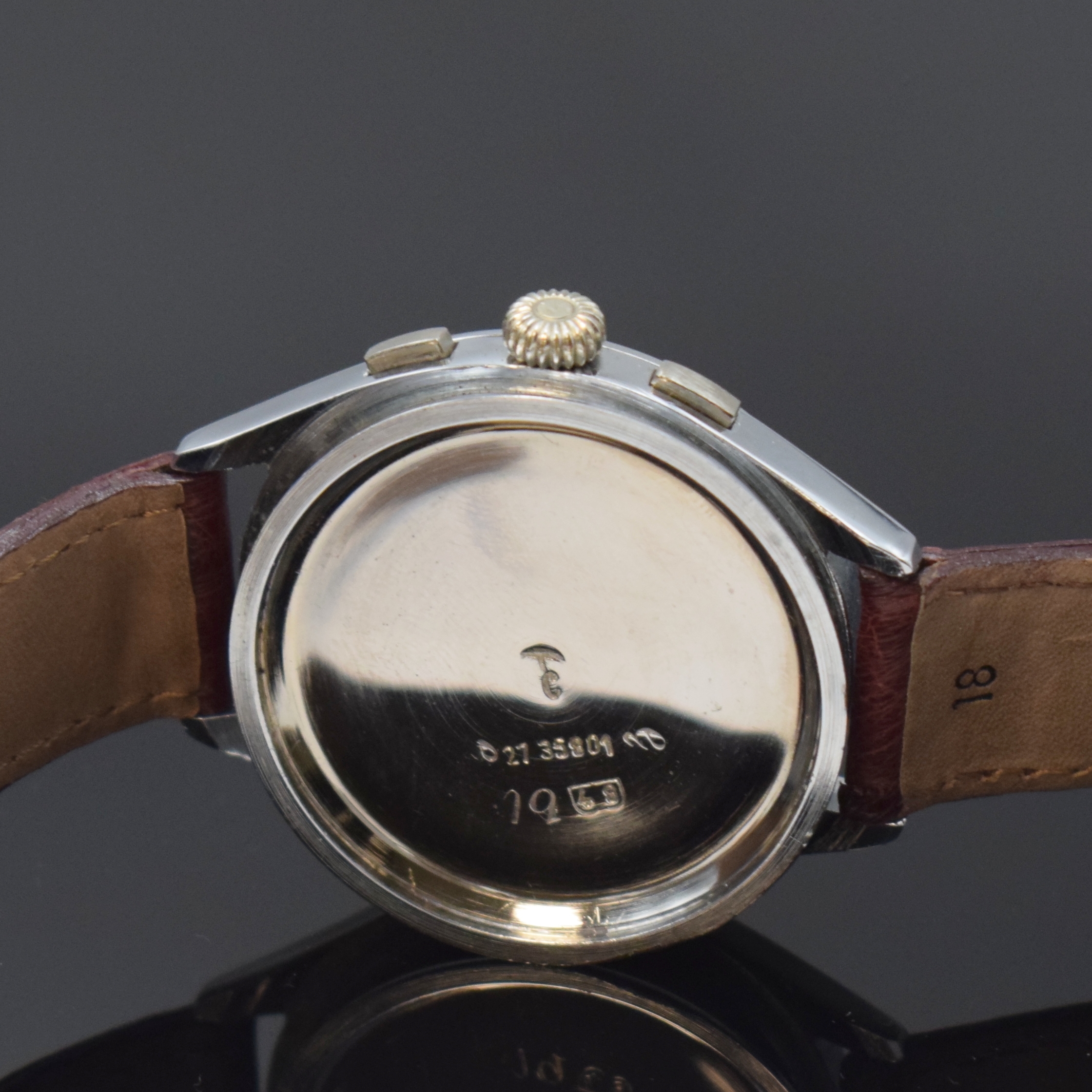 Detail e: BRITIX / CHRONOGRAPHE SUISSE verchromte Herrenarmbanduhr mit Chronograph, Handaufzug Schweiz um 1950, Boden und Glasrand aufgedr., schwarzes ...