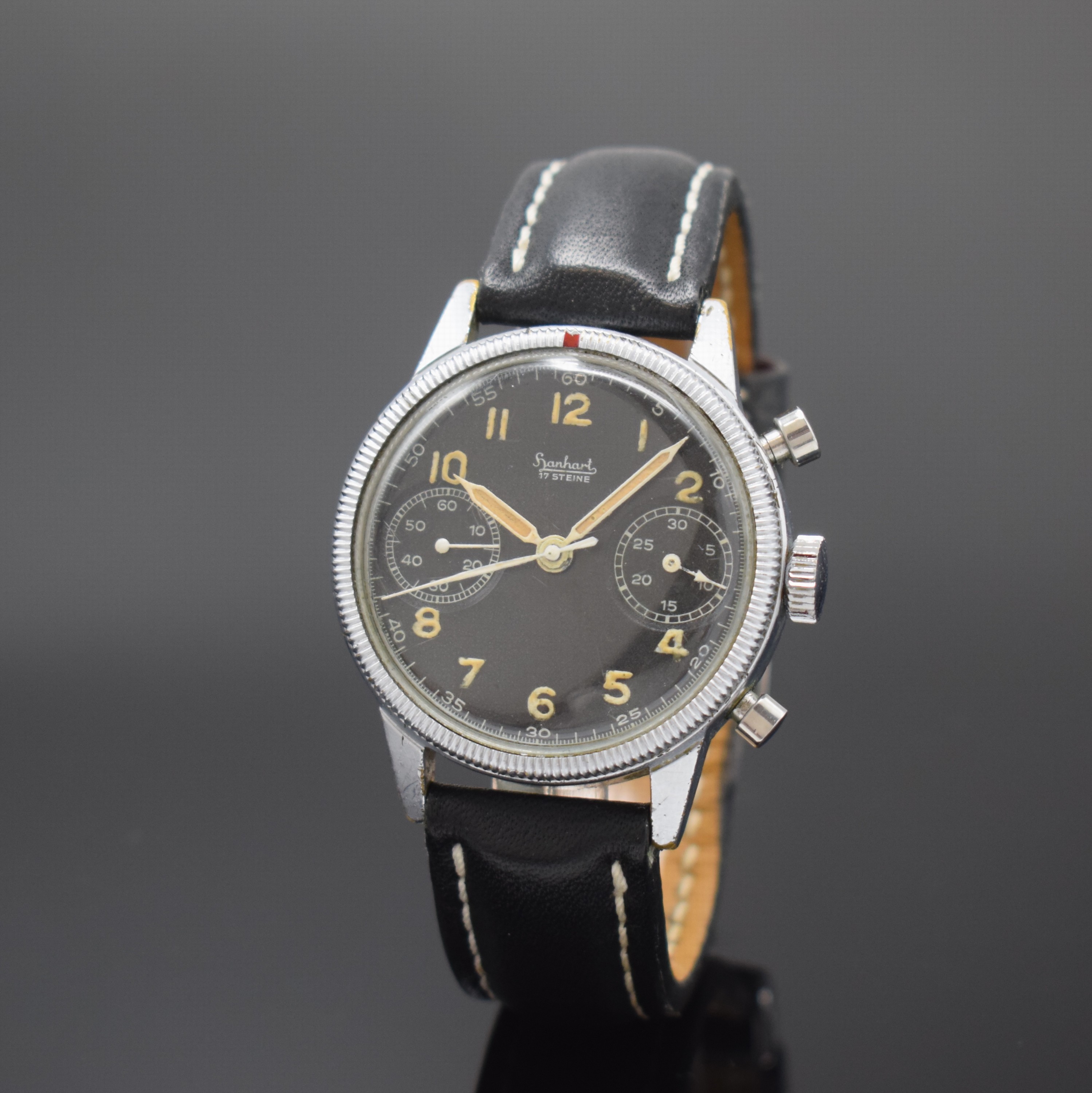 HANHART Flyback Flieger-Schaltradchronograph der Bundeswehr Type 417 sog. Steve McQueen, Deutschland um 1958, Handaufzug, verchr. Messinggeh., gedr. ...
