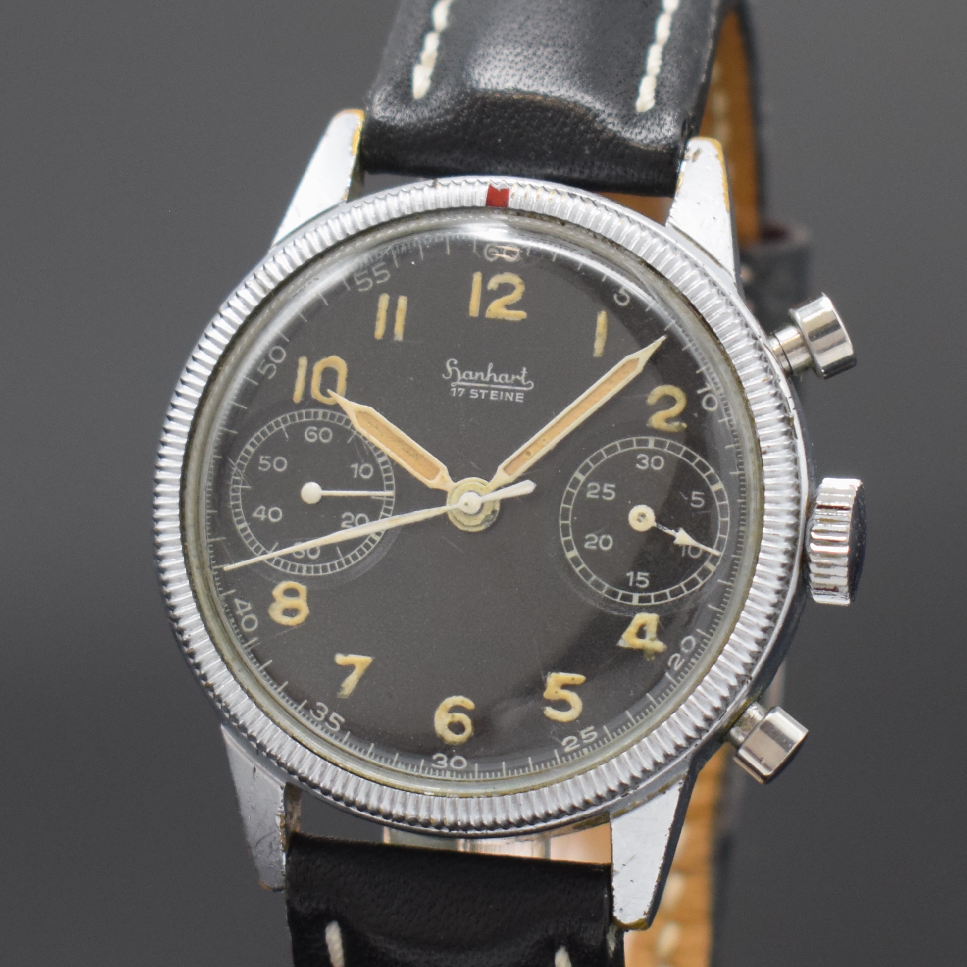 Detail a: HANHART Flyback Flieger-Schaltradchronograph der Bundeswehr Type 417 sog. Steve McQueen, Deutschland um 1958, Handaufzug, verchr. Messinggeh., gedr. ...