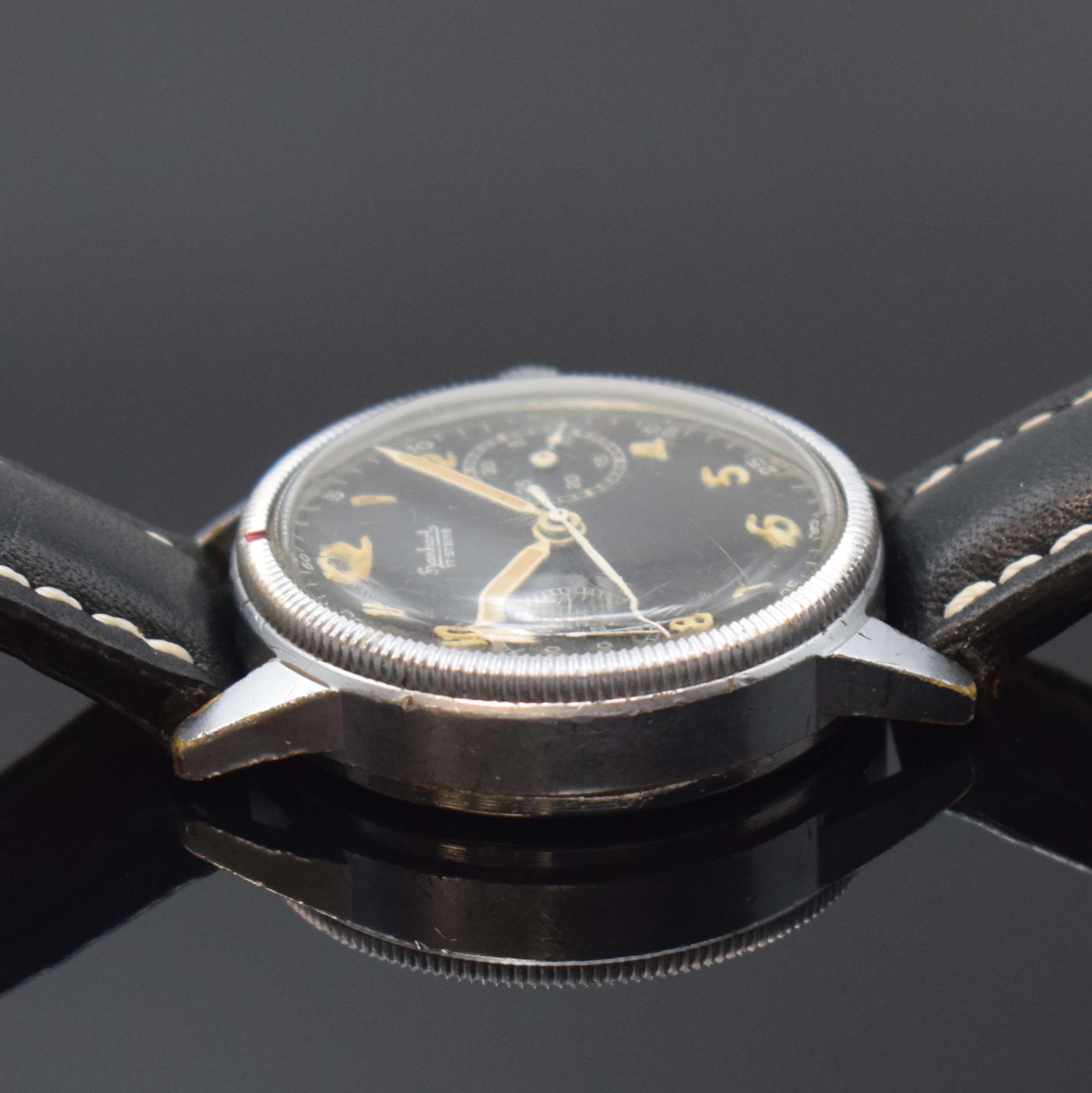 Detail c: HANHART Flyback Flieger-Schaltradchronograph der Bundeswehr Type 417 sog. Steve McQueen, Deutschland um 1958, Handaufzug, verchr. Messinggeh., gedr. ...