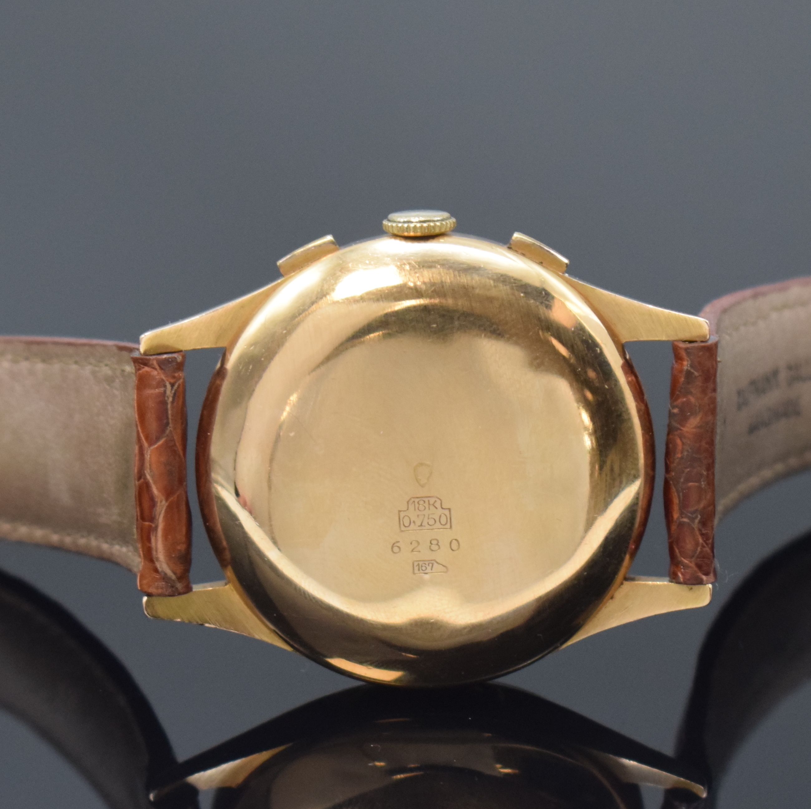 Detail d: ULTIMOR/CHRONOGRAPHE SUISSE Herrenarmbanduhr mit Chronograph in RG 750/000, Schweiz um 1945, Handaufzug, 2-teil. Geh. dell., kupferfarb. Zifferbl. ...