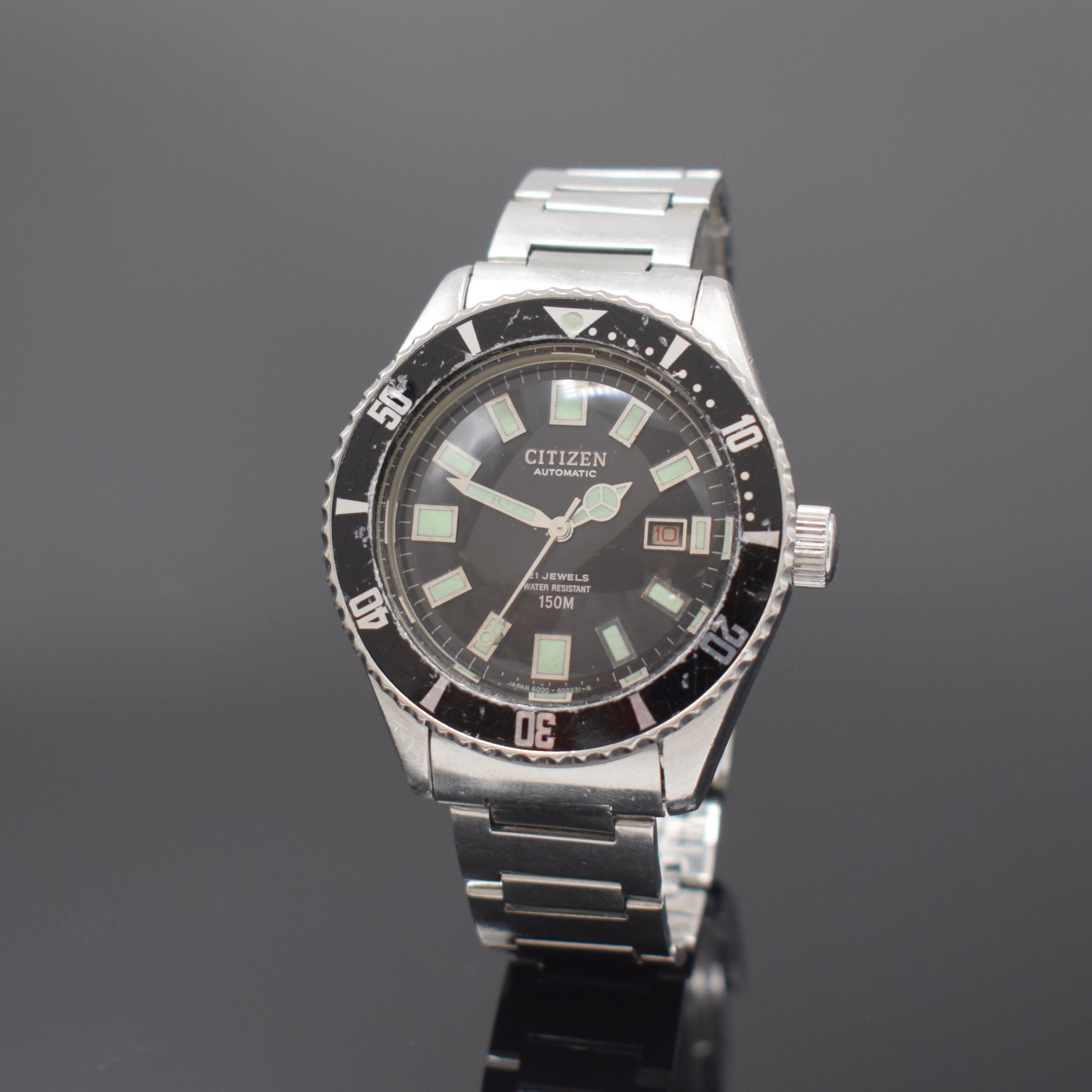 CITIZEN Taucherarmbanduhr Referenz 4-600851 Y, Automatik, Japan 1970er Jahre, Edelstahlgeh. inkl. orig. Gliederband m. Faltschl., Boden und Krone ...